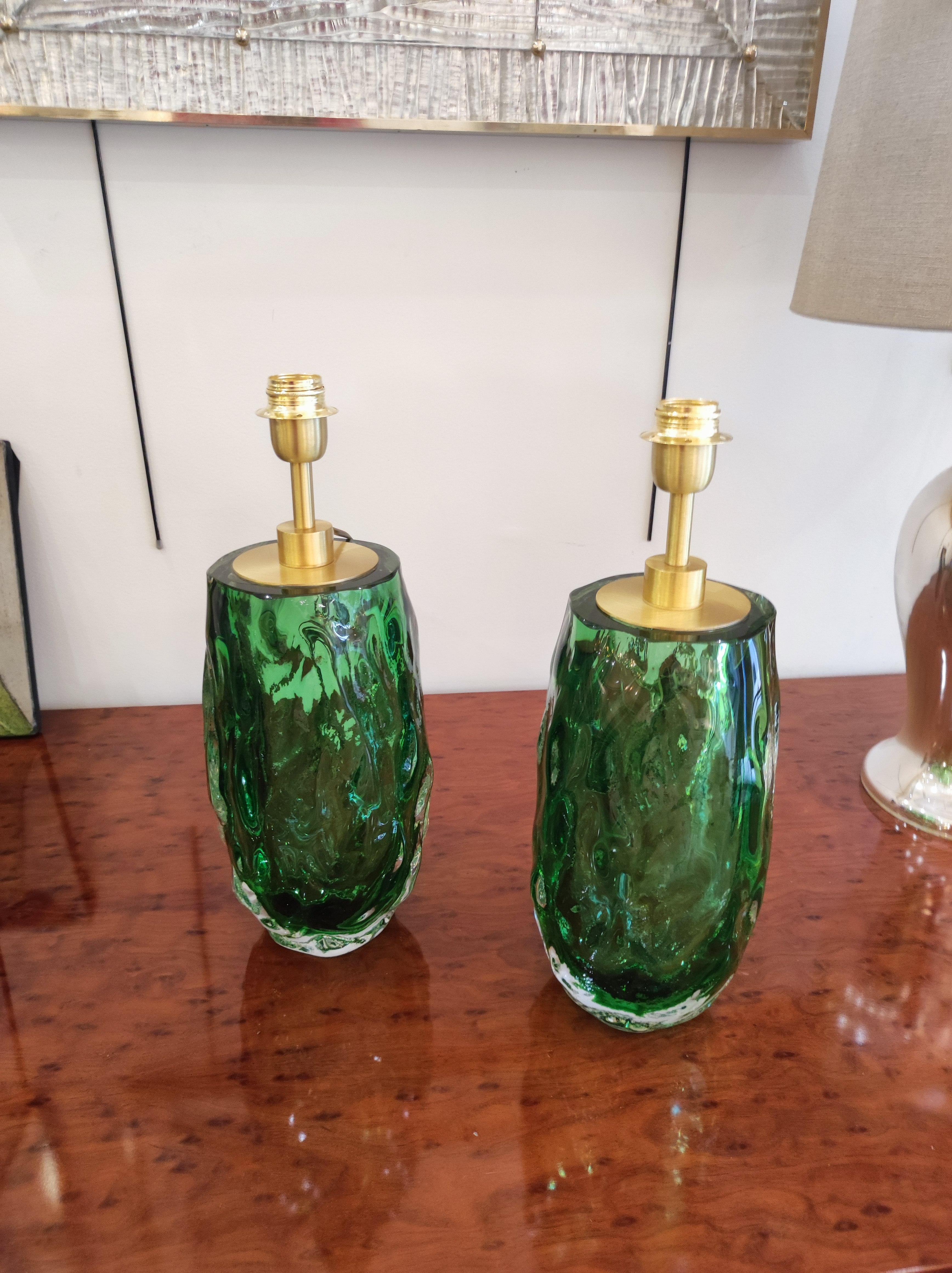 Pair of Table Lamps in Green Murano Glass For Sale 3