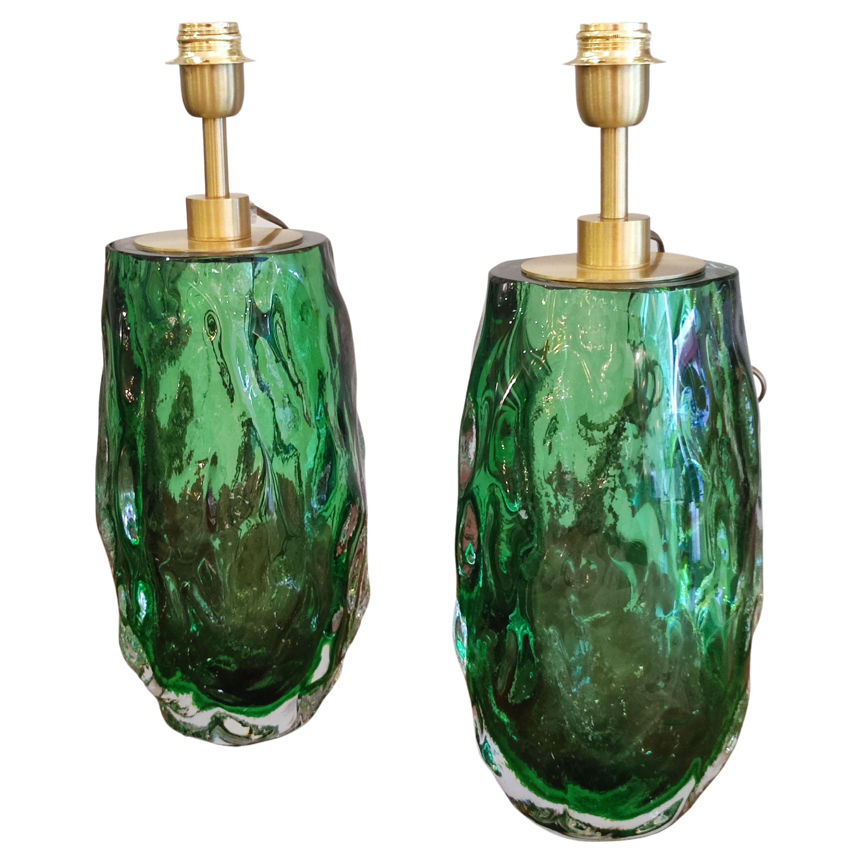 Pair of Table Lamps in Green Murano Glass For Sale