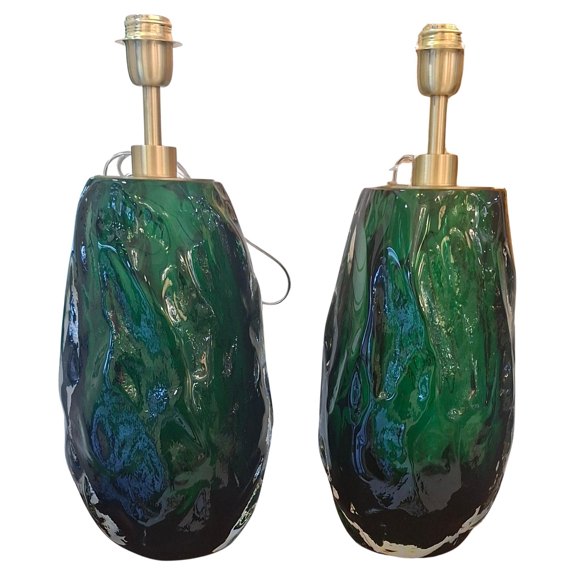 Pair of Table Lamps in green Murano Glass For Sale