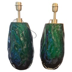 Pair of Table Lamps in green Murano Glass
