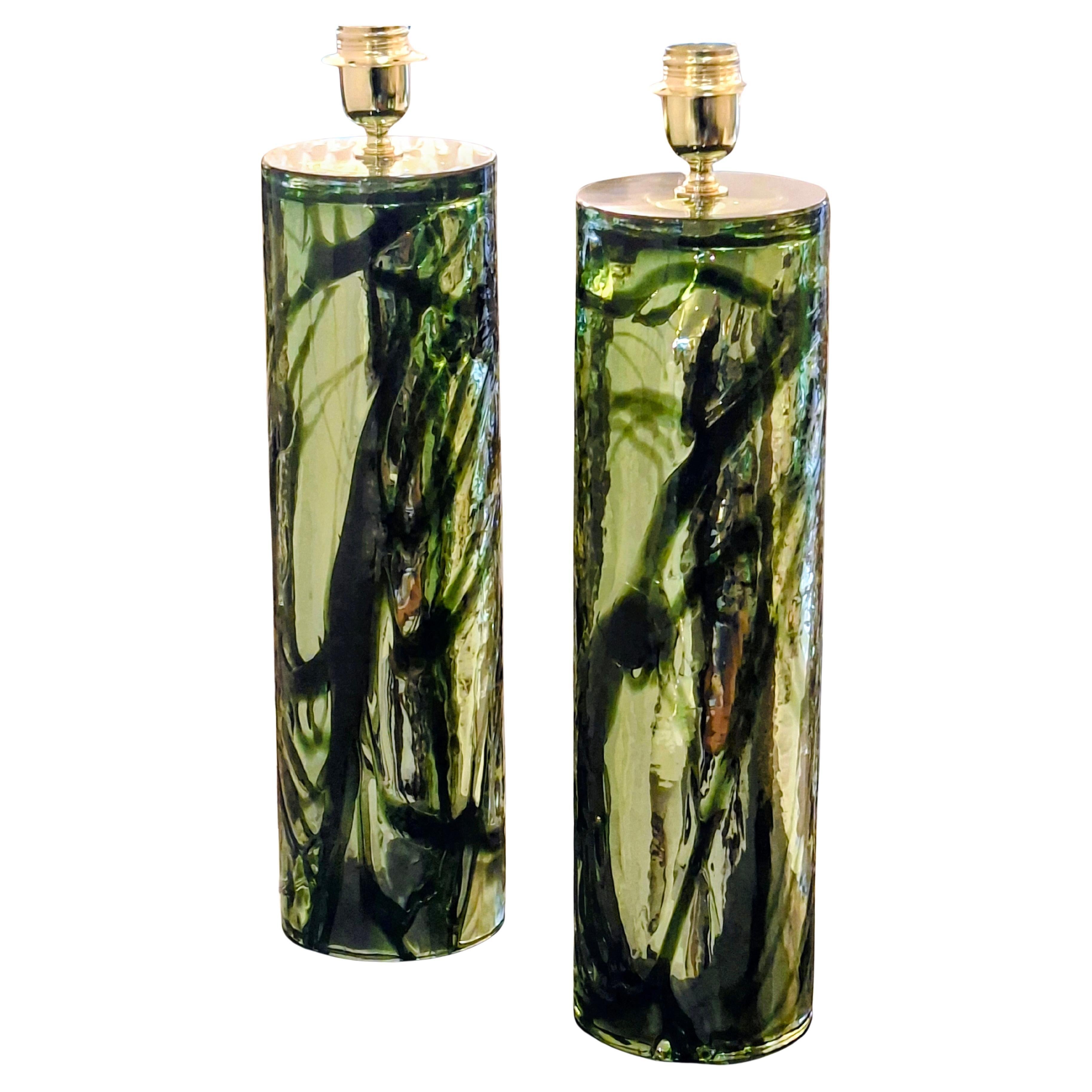 Pair of Table Lamps in Green Murano Glass For Sale