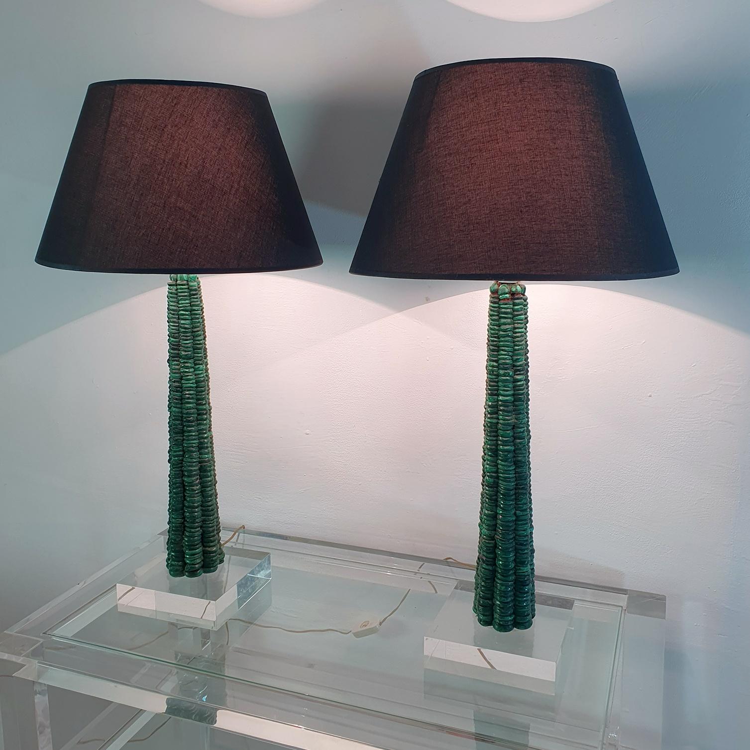 Italian Pair of Table Lamps in Malachite and Lucite For Sale