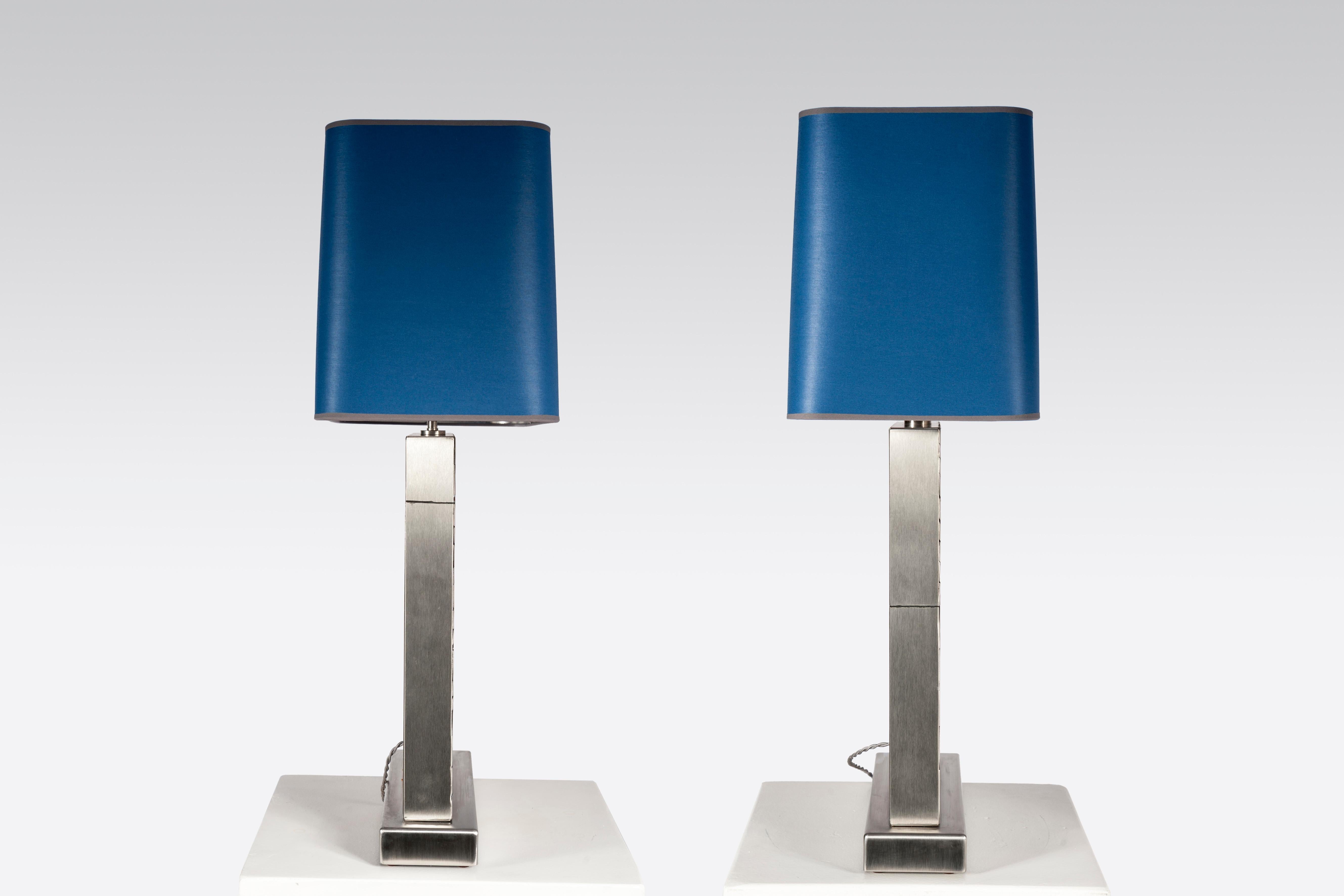 Mid-Century Modern Pair of Table Lamps in Mosaic Stainless Steel and Agates by Stan Usel For Sale