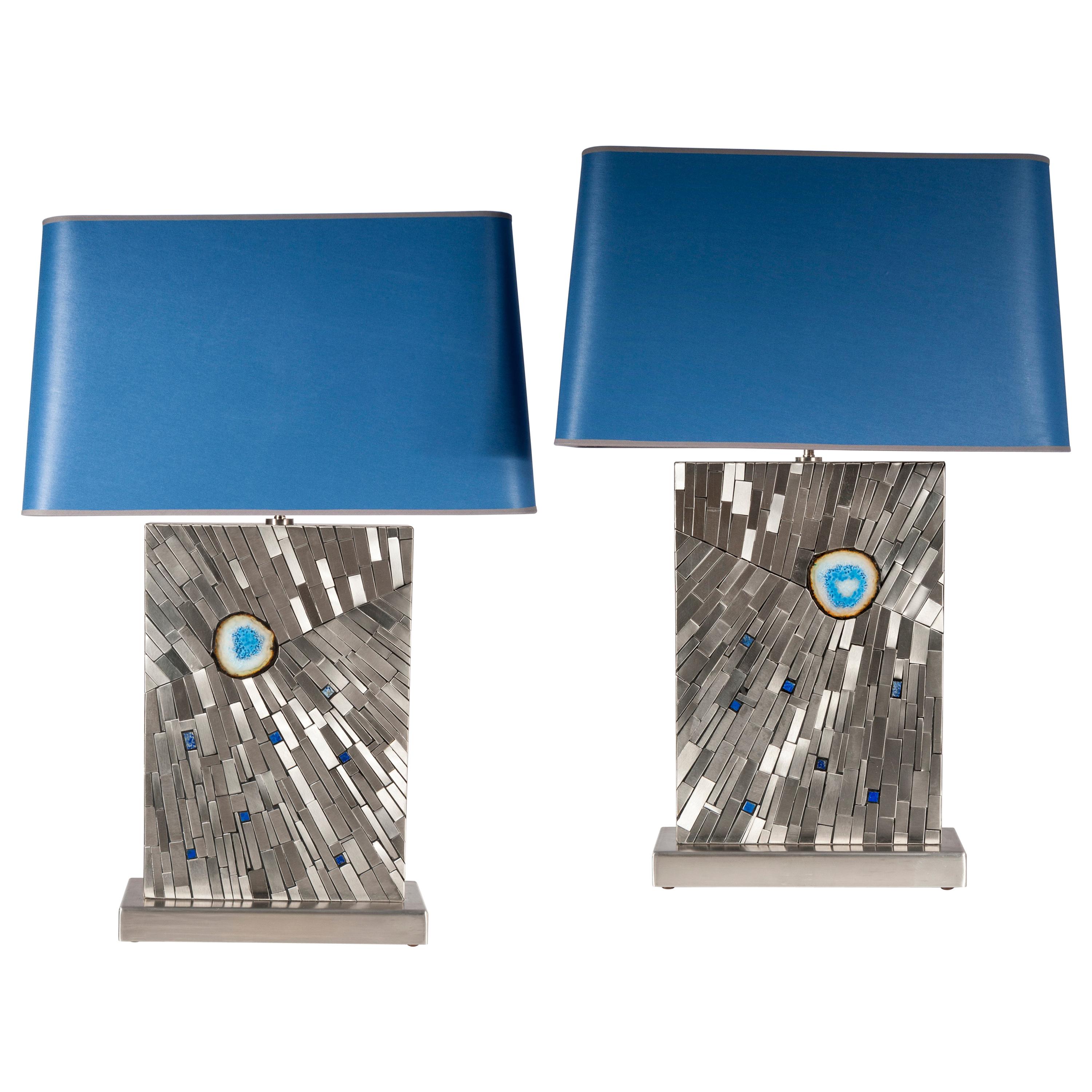 Pair of Table Lamps in Mosaic Stainless Steel and Agates by Stan Usel