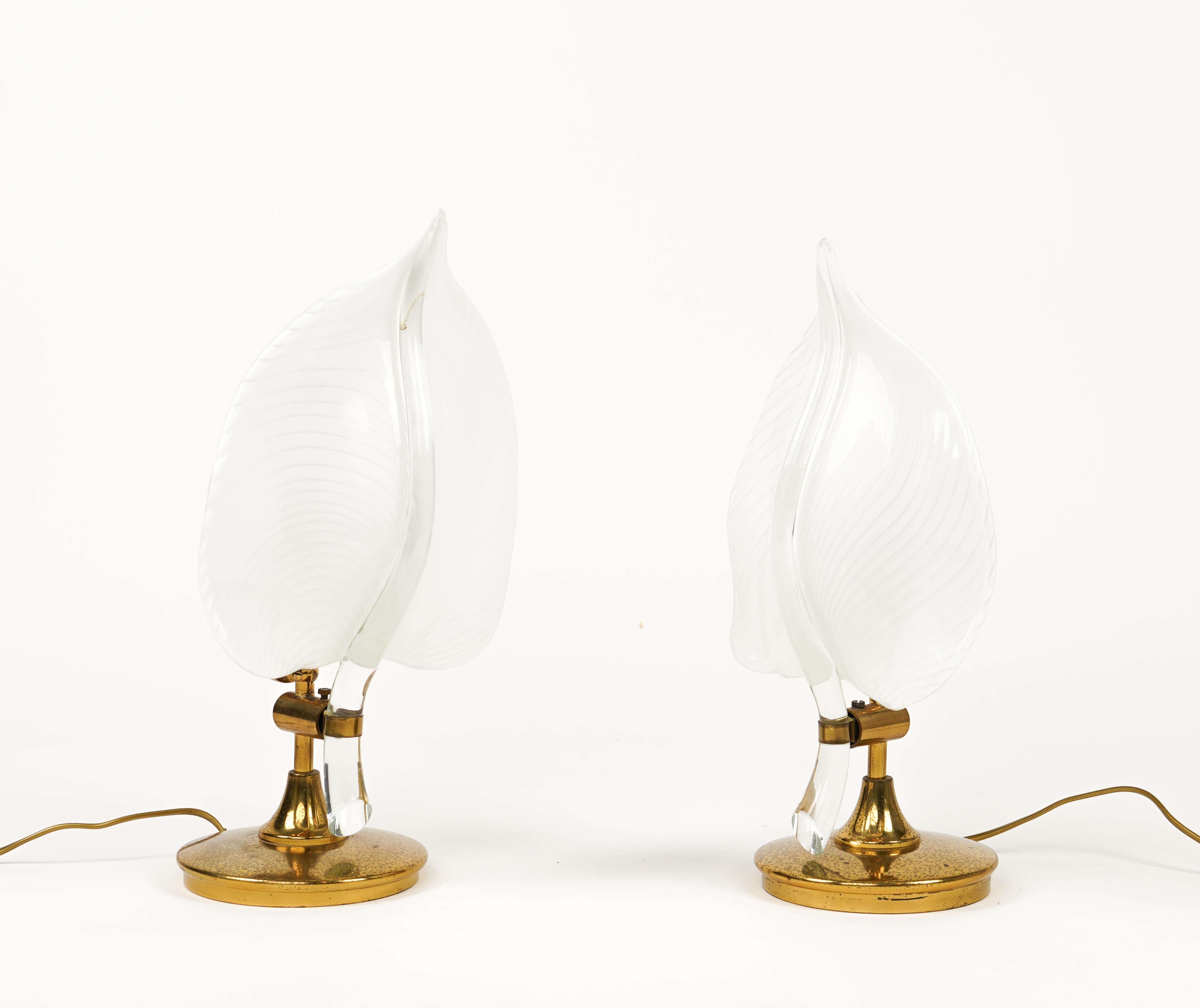 Mid-Century Modern Pair of Table Lamps in Murano Glass and Brass by Franco Luce, Italy 1970s For Sale