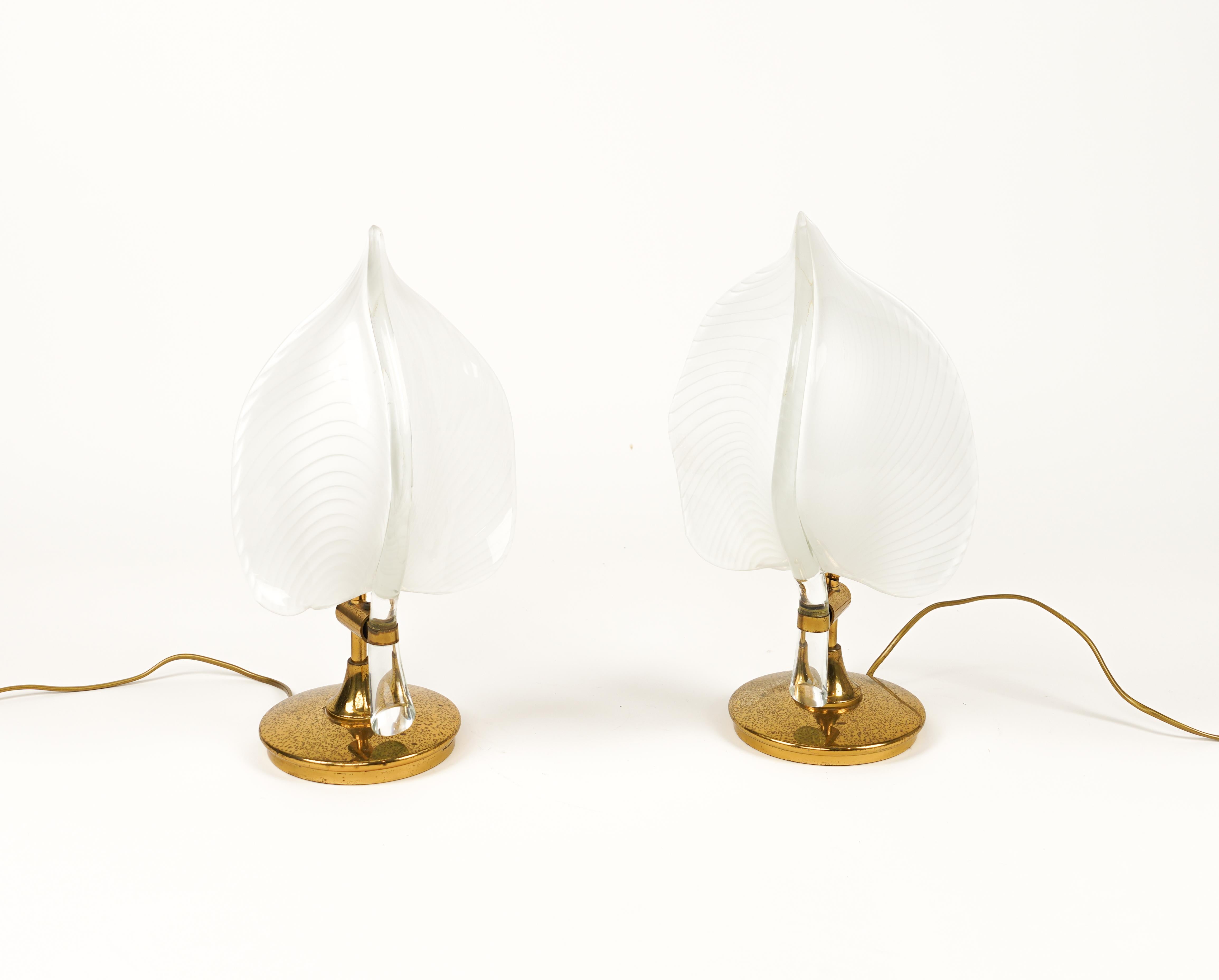 Italian Pair of Table Lamps in Murano Glass and Brass by Franco Luce, Italy 1970s For Sale