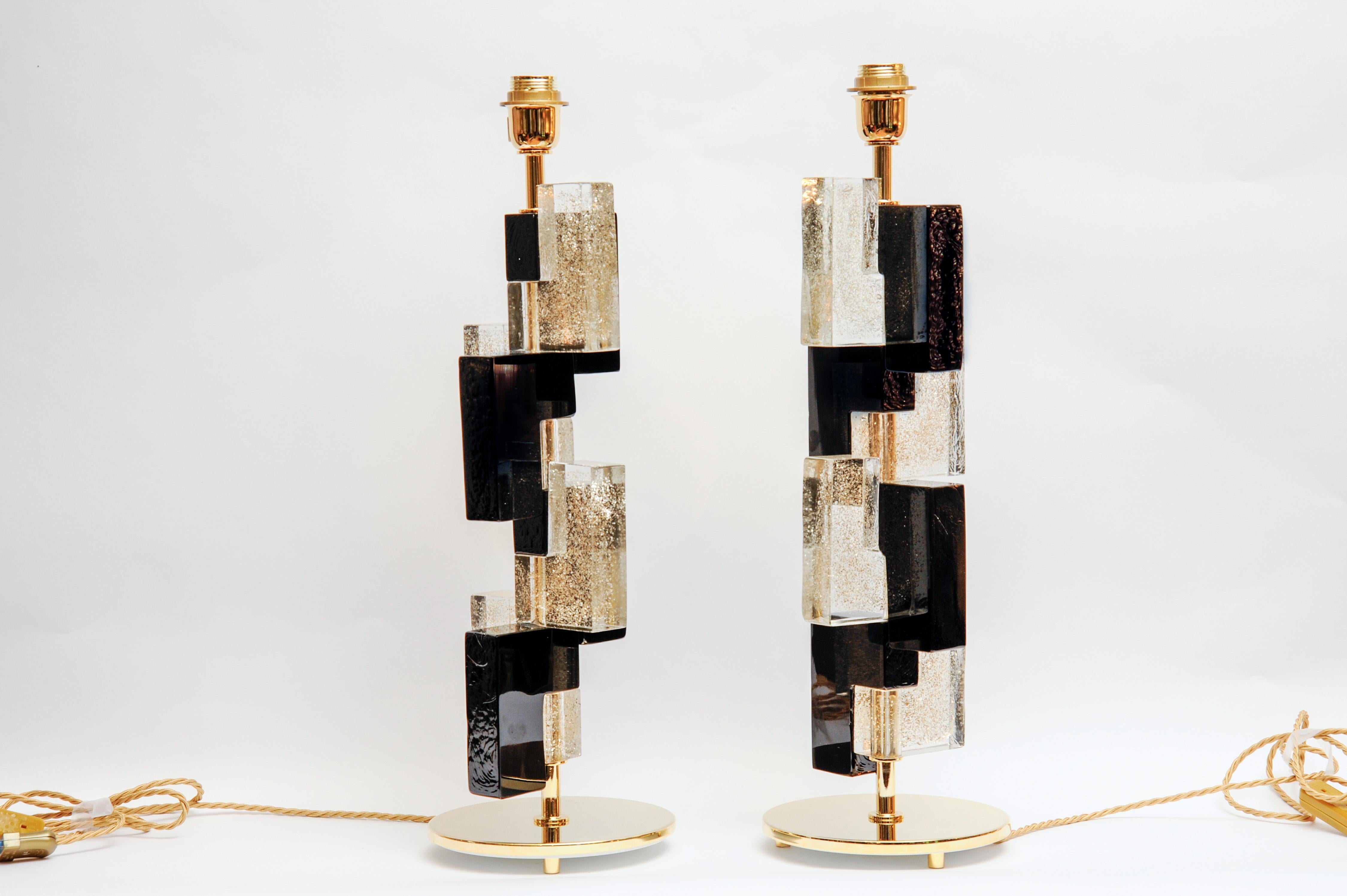 Italian Pair of Table Lamps in Murano Glass and Brass