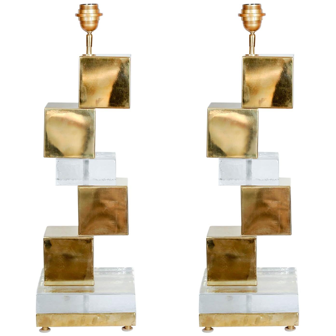 Pair of Table Lamps in Murano Glass and Brass