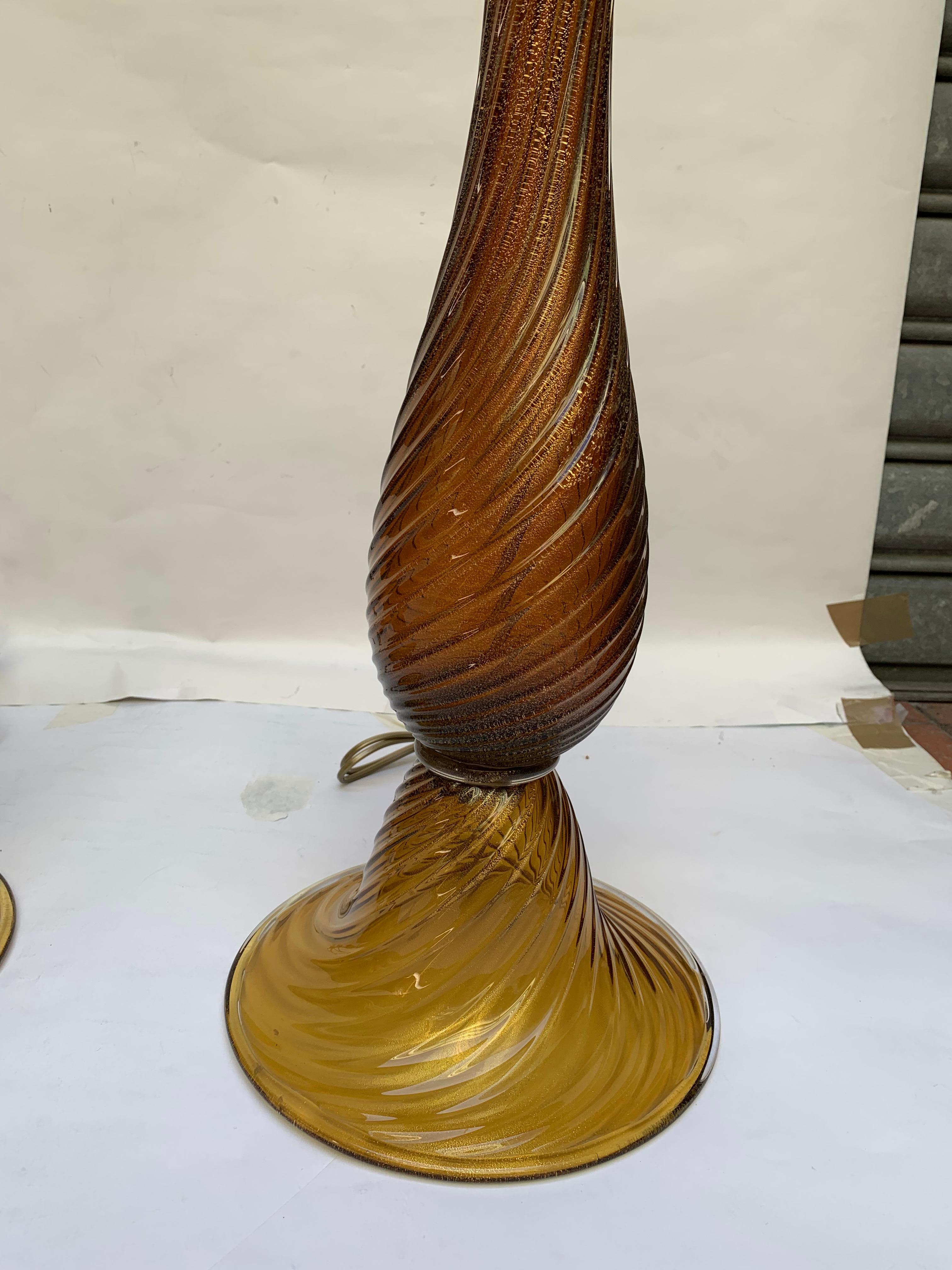 Pair of table lamps in Murano glass signed “Toso”.