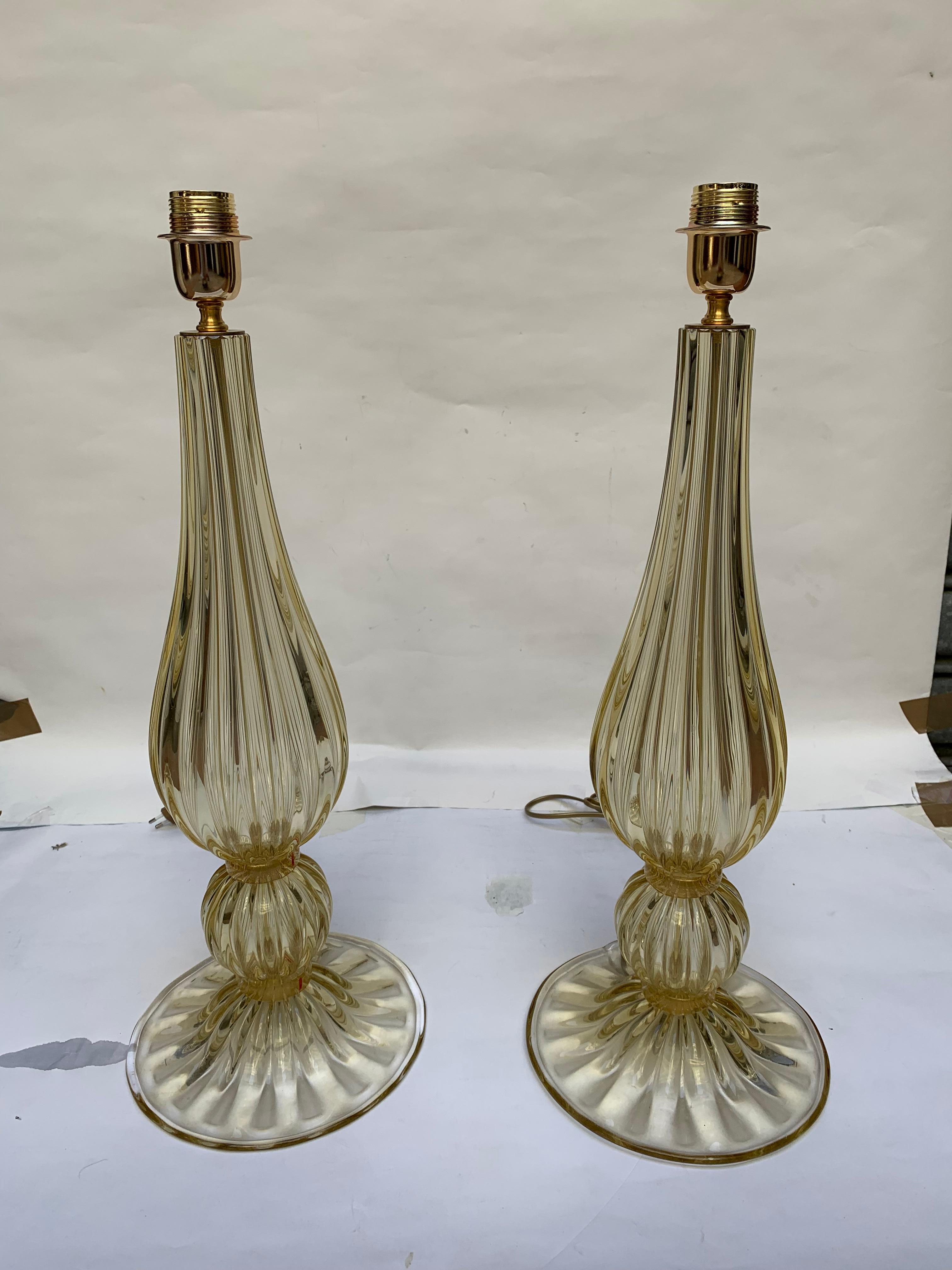 Italian Pair of Table Lamps in Murano Glass Signed “Toso”