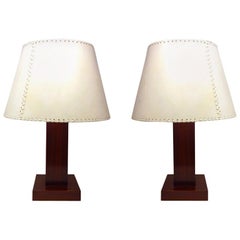 Pair of Table Lamps in Parchment and Wood Designed by Michel Leo