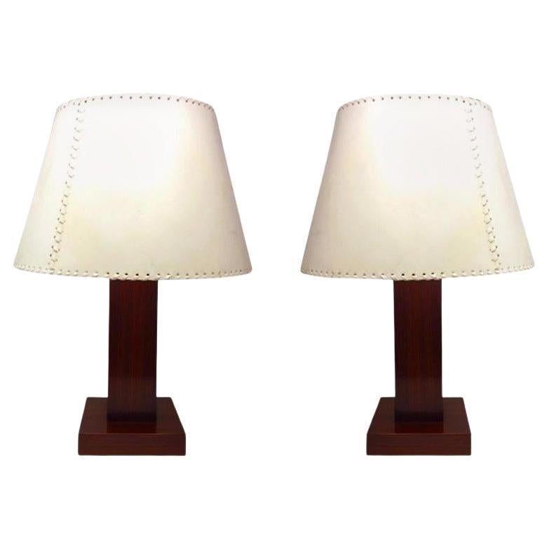 Pair of Table Lamps in Parchment and Wood Designed by Michel Leo