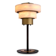 Pair of Table Lamps in Patinated Brass and Alabaster.