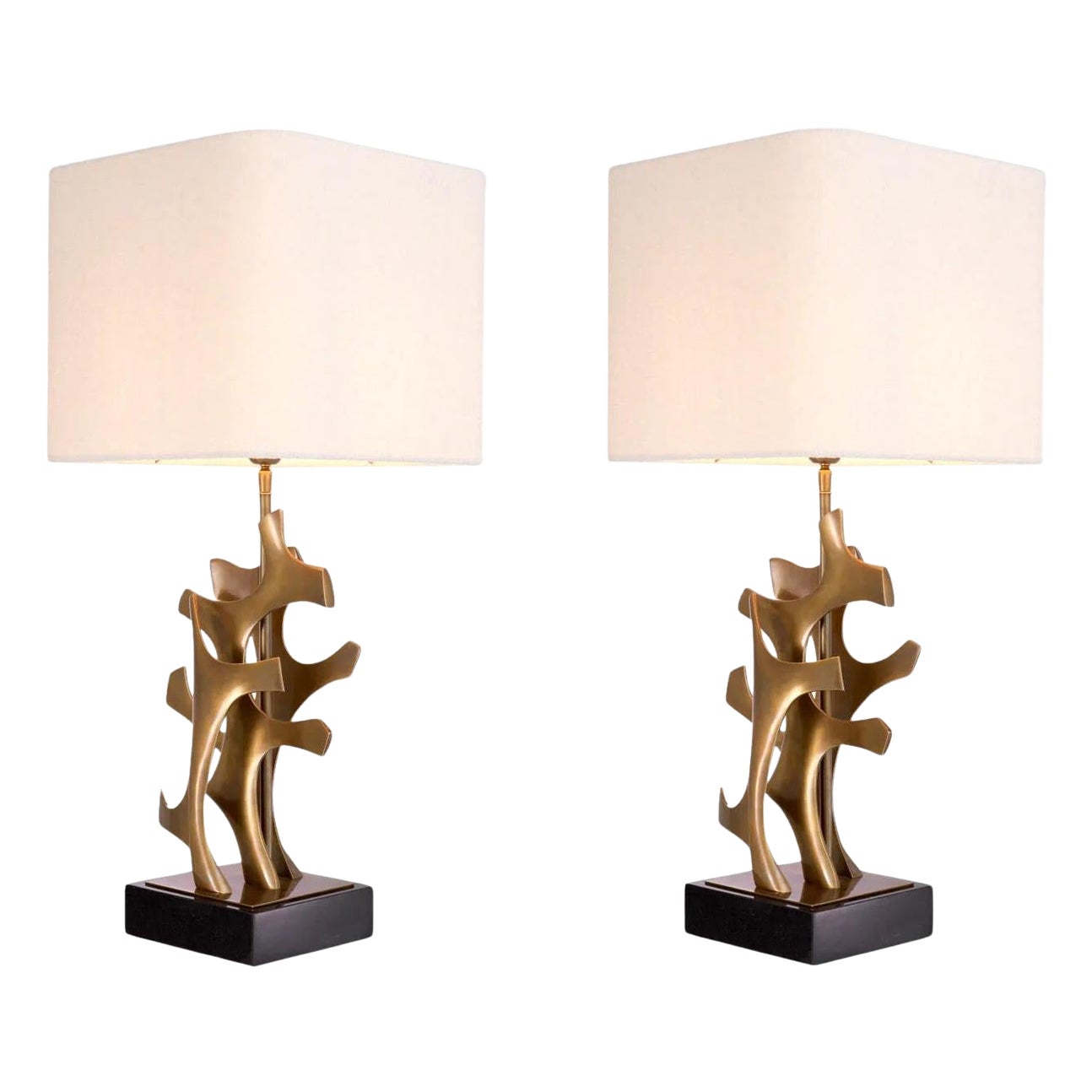 Pair of Table Lamps in Patinated Brass, Black Granite Base, Riviera Décotation