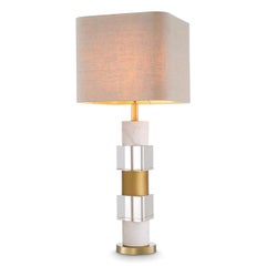 Pair of Table Lamps in Patinated Brass, White Marble and Crystal.