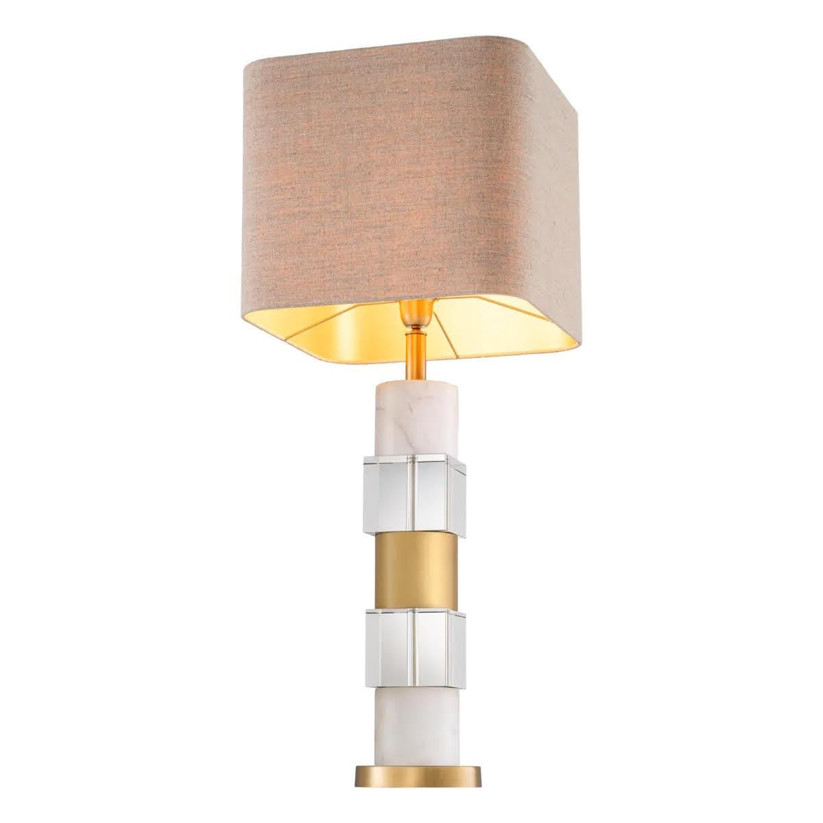 Paar Tischlampen aus patiniertem Messing, weißem Marmor und Kristall. (Patiniert) im Angebot