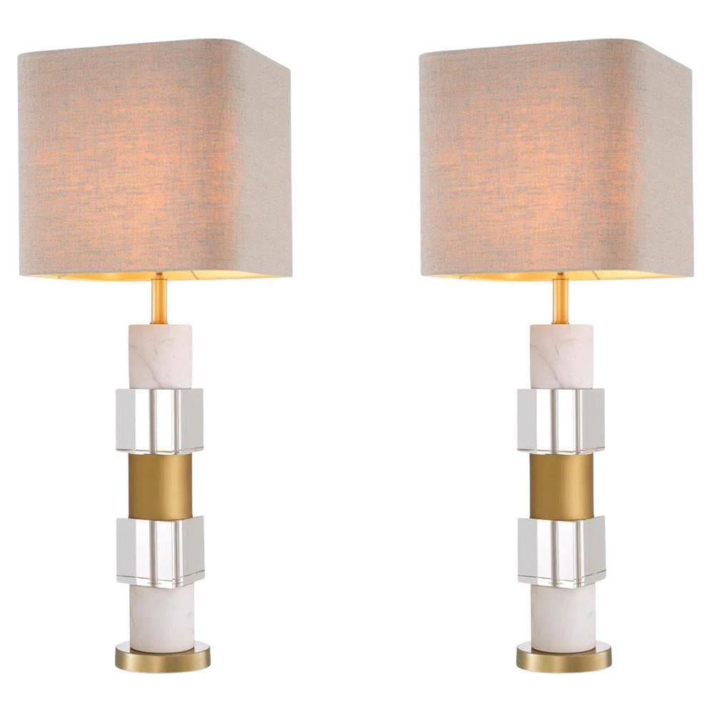 Pair of Table Lamps in Patinated Brass, White Marble and Crystal.