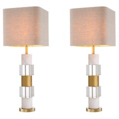 Pair of Table Lamps in Patinated Brass, White Marble and Crystal.