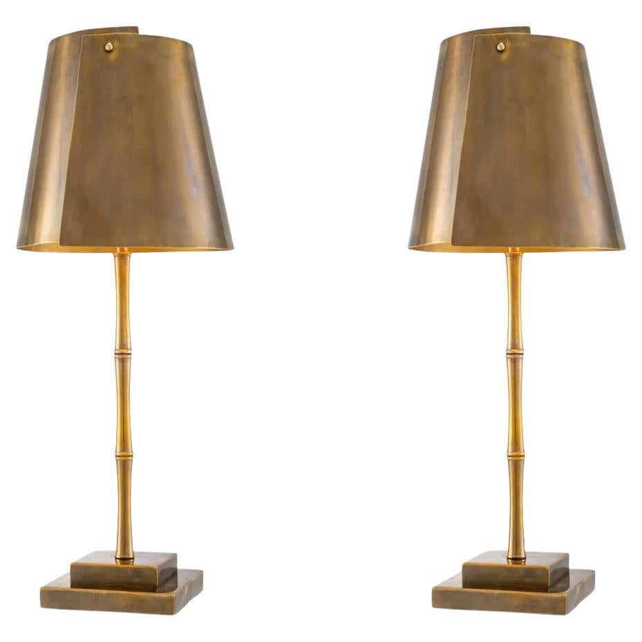 Pair of Table Lamps in Patinated Brass with Bamboo Decor.