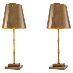 Pair of Table Lamps in Patinated Brass with Bamboo Decor.