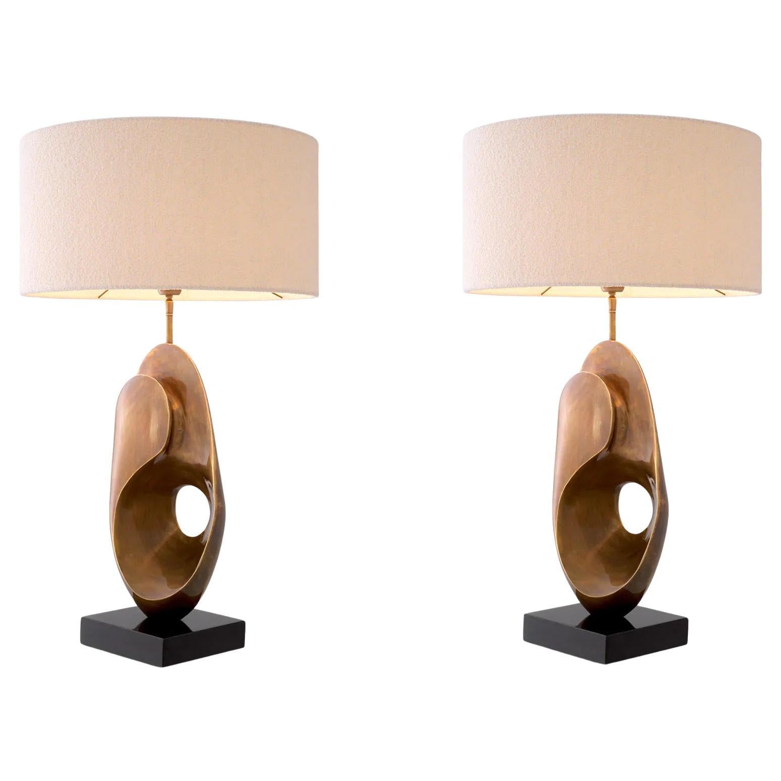 Pair of Table Lamps in Patinated Brass with Black Granite Base.