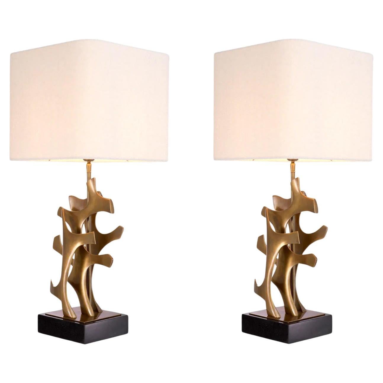 Pair of Table Lamps in Patinated Brass with Black Granite Base.
