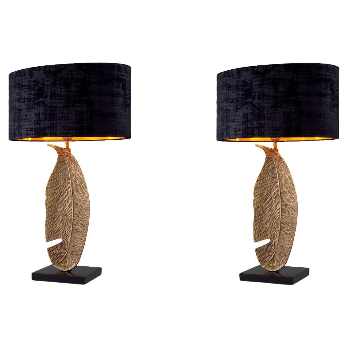 Pair of Table Lamps in Patinated Brass with Black Granite Bases.