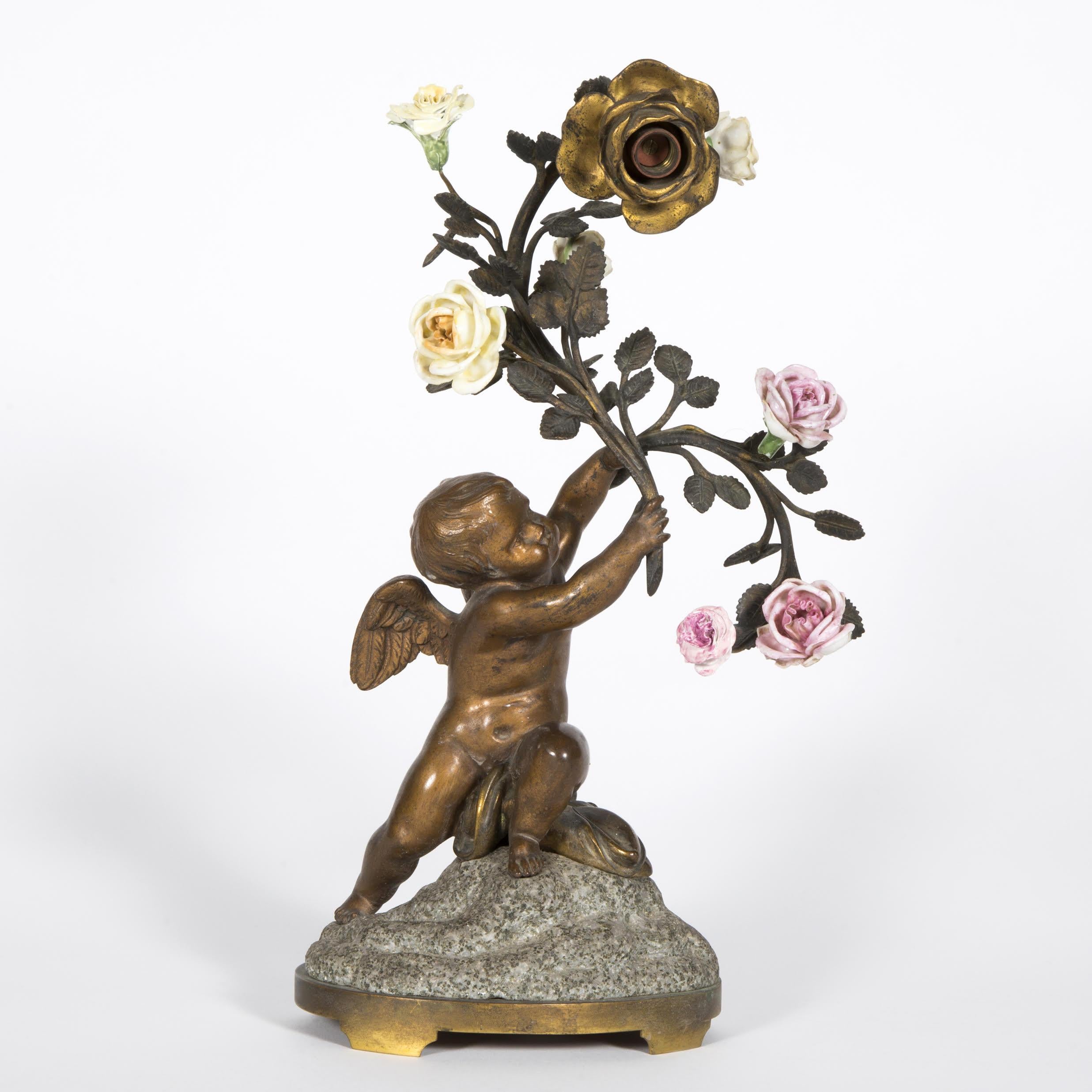 Paire de lampes de table en bronze patiné, porcelaine et granit,  19ème siècle. Bon état - En vente à Saint-Ouen, FR