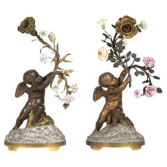 Pair of Table Lamps in Patinated Bronze, Porcelain and Granite,  19th Century.