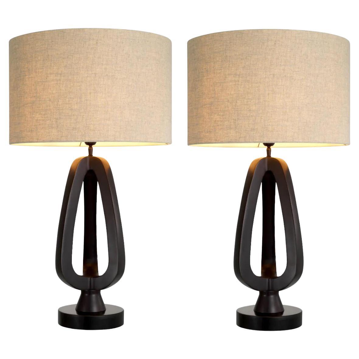 Pair of Table Lamps in Patinated Bronze with Black Granite Base.