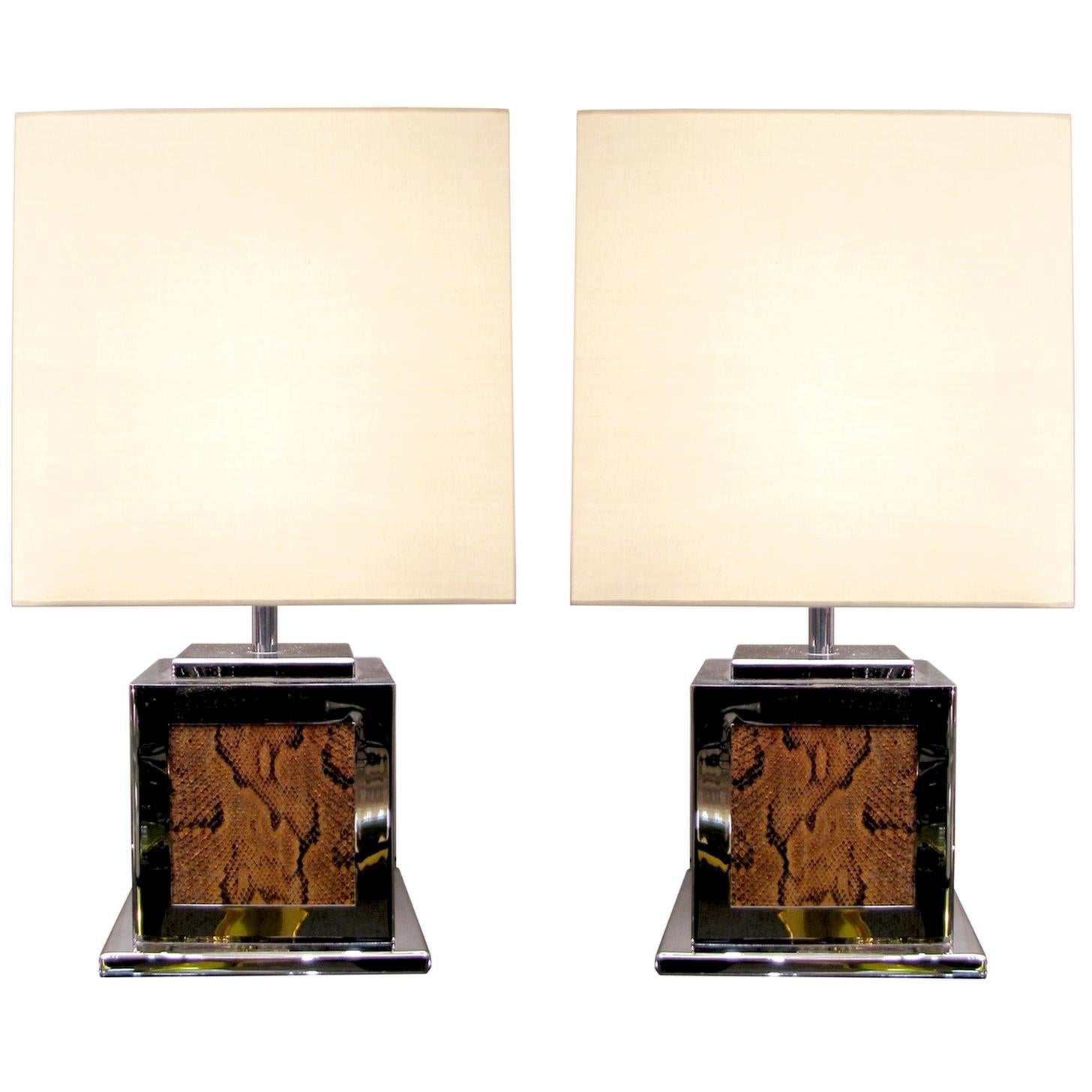 Pair of Table Lamps in Python Skin and Chrome, France, 1970 For Sale