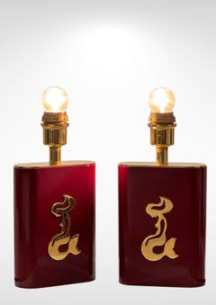 Pair of Table Lamps in Red Lacquer & Brass Made in Belgium circa 1970s