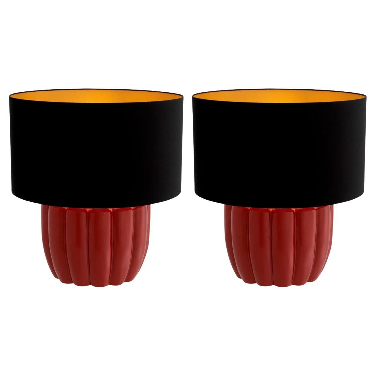 Pair of Table Lamps in Red Wood with Black Shade, Contemporary Design For Sale