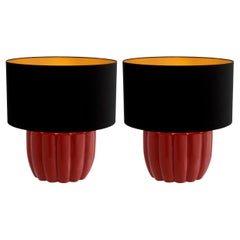 Pair of Table Lamps in Red Wood with Black Shade, Contemporary Design