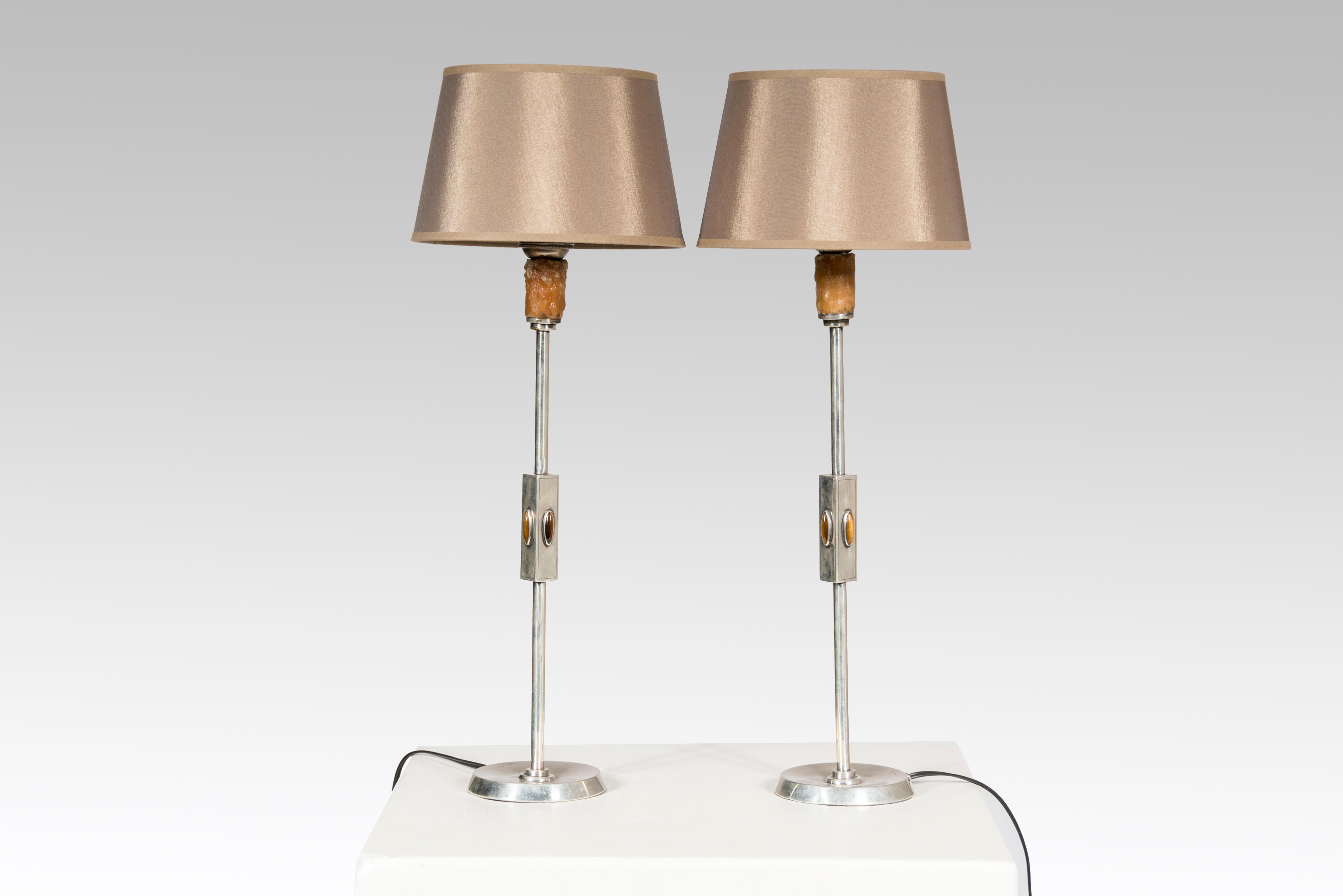 Mid-Century Modern Pair of Table Lamps in Silver and Tiger Eyes, 1960s For Sale