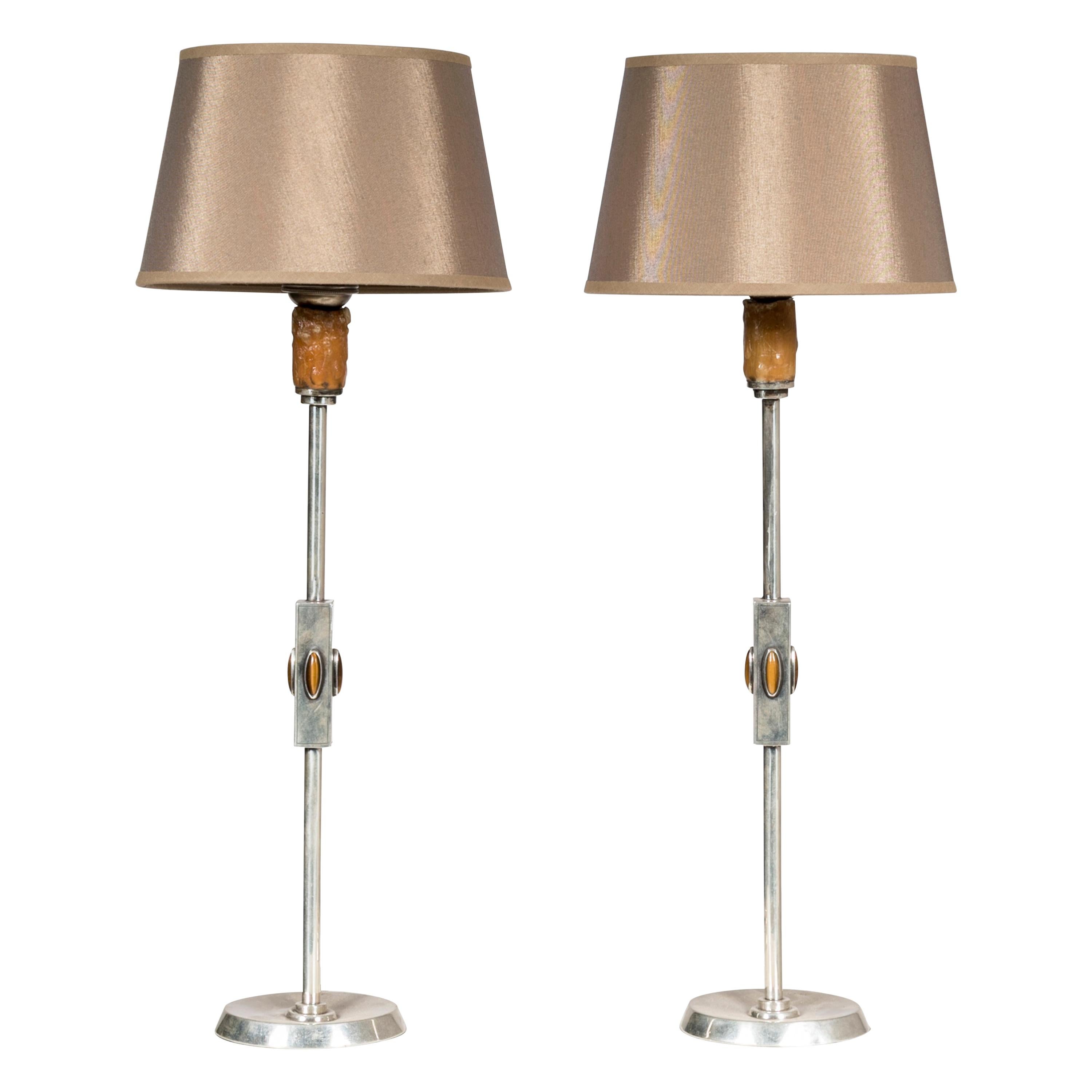 Pair of Table Lamps in Silver and Tiger Eyes, 1960s For Sale