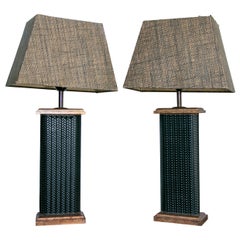 Coppia di lampade da tavolo in pelle intrecciata