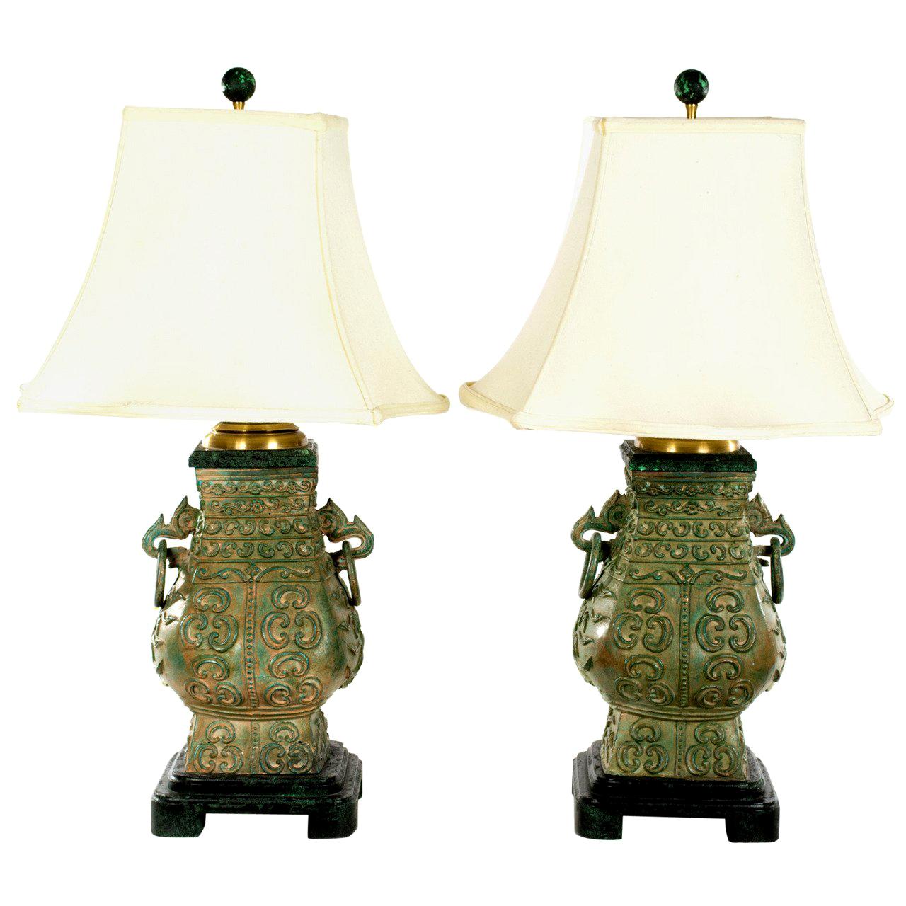 Pair of Table Lamps in the Shape of Chinese Temple Urns For Sale
