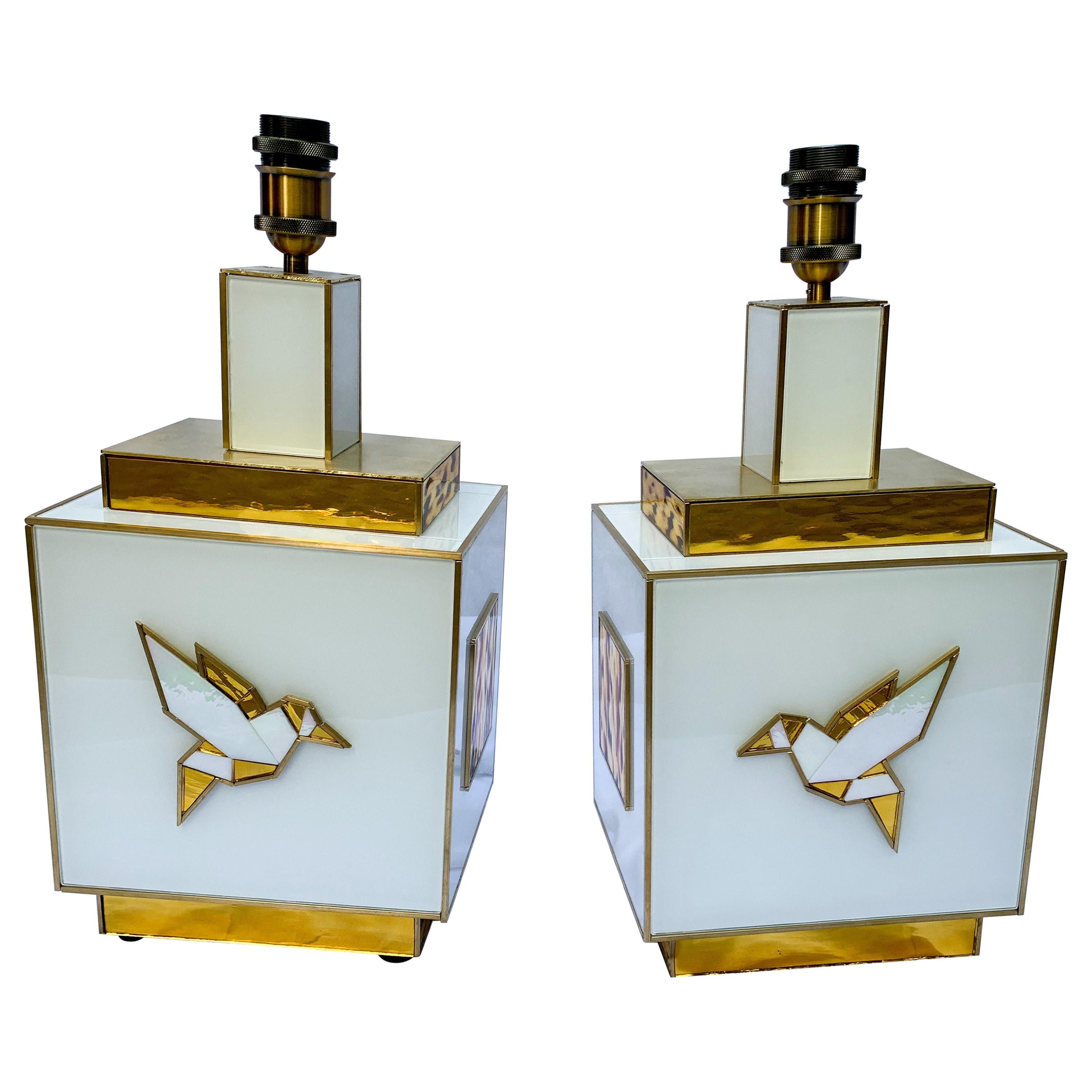 Pair of Table Lamps in White and Gold Tinted Glass For Sale