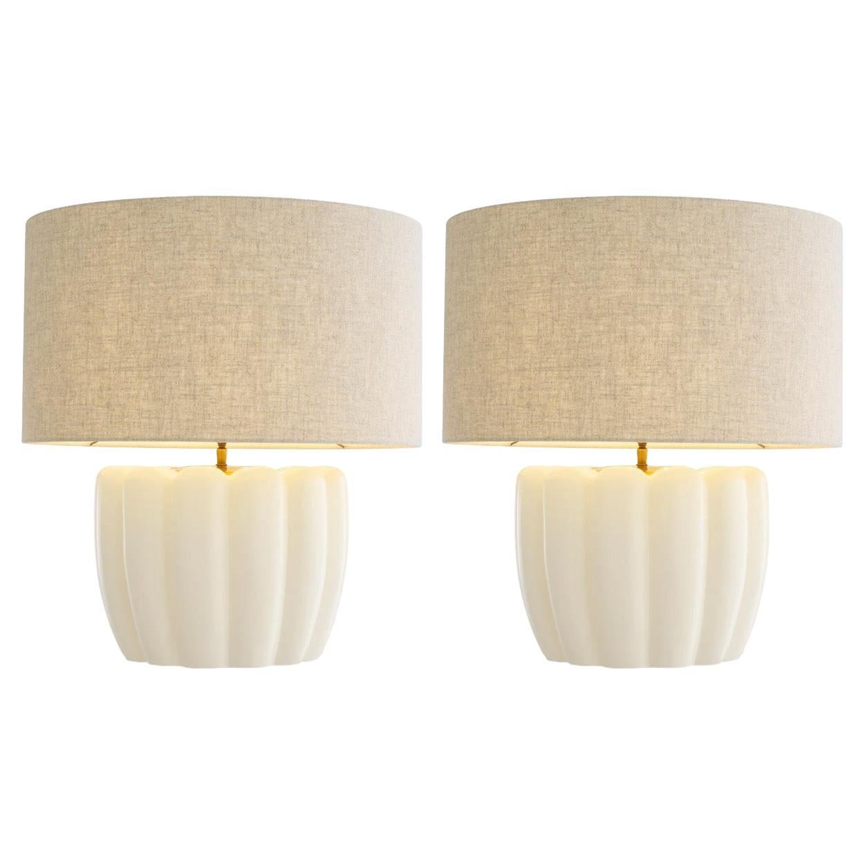 Pair of Table Lamps in White Wood with White Shade, Contemporary Design