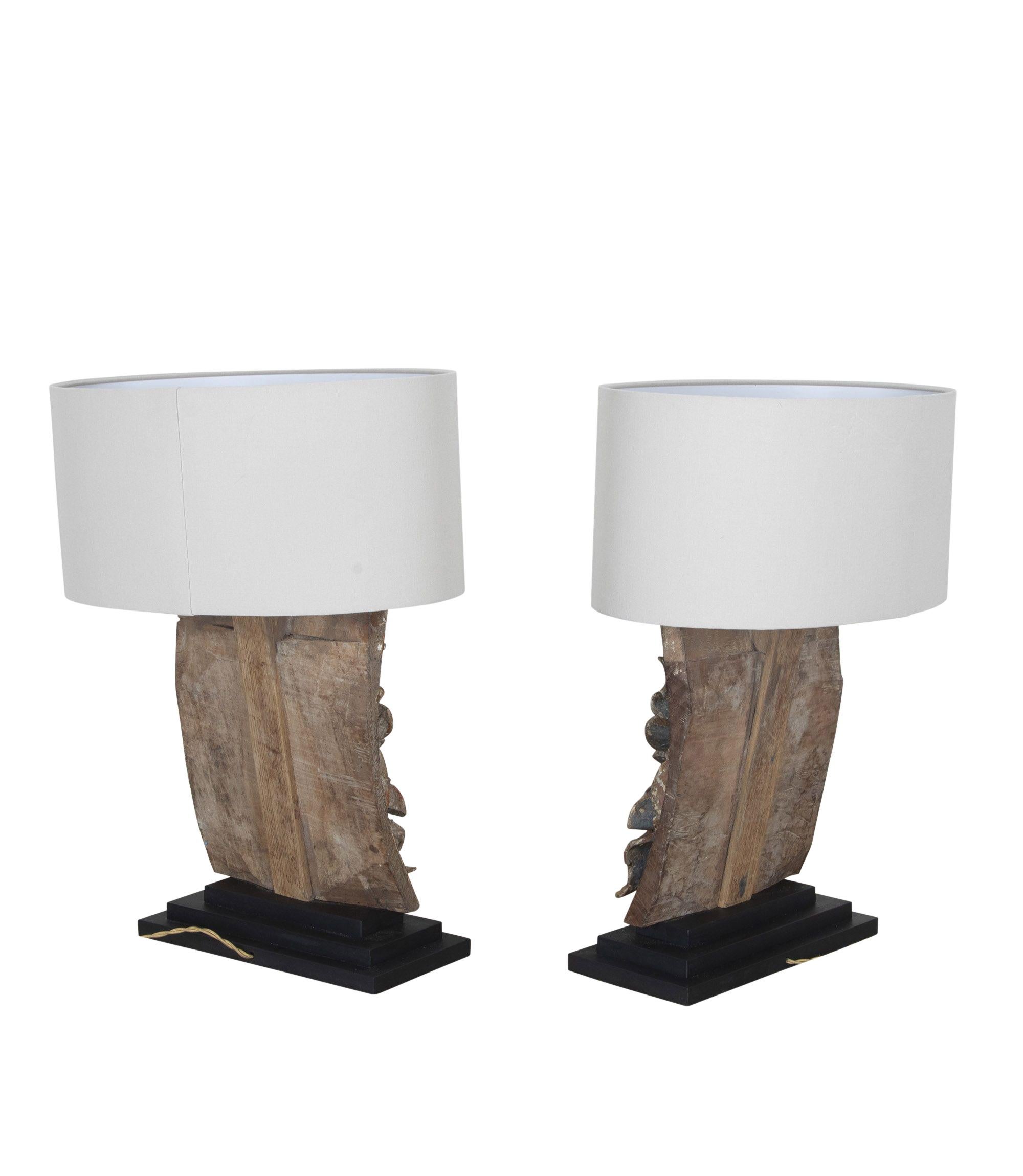 Pair of lamps made from carved wooden late 17th Century fragments. 
Re-wired to UK standards. Circa 1680.