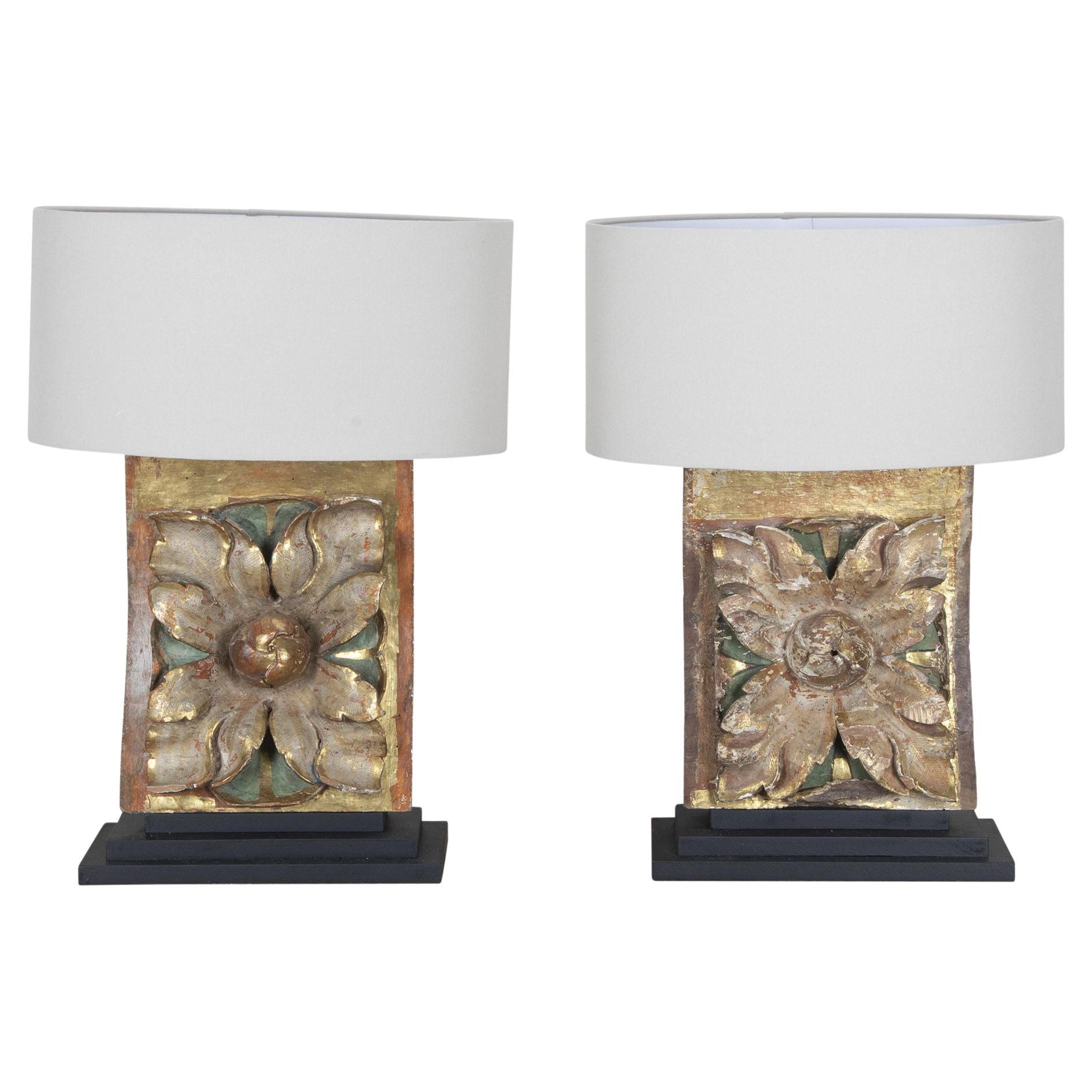 Pair of Table Lamps made from 17th Century Carved Wooden Fragments