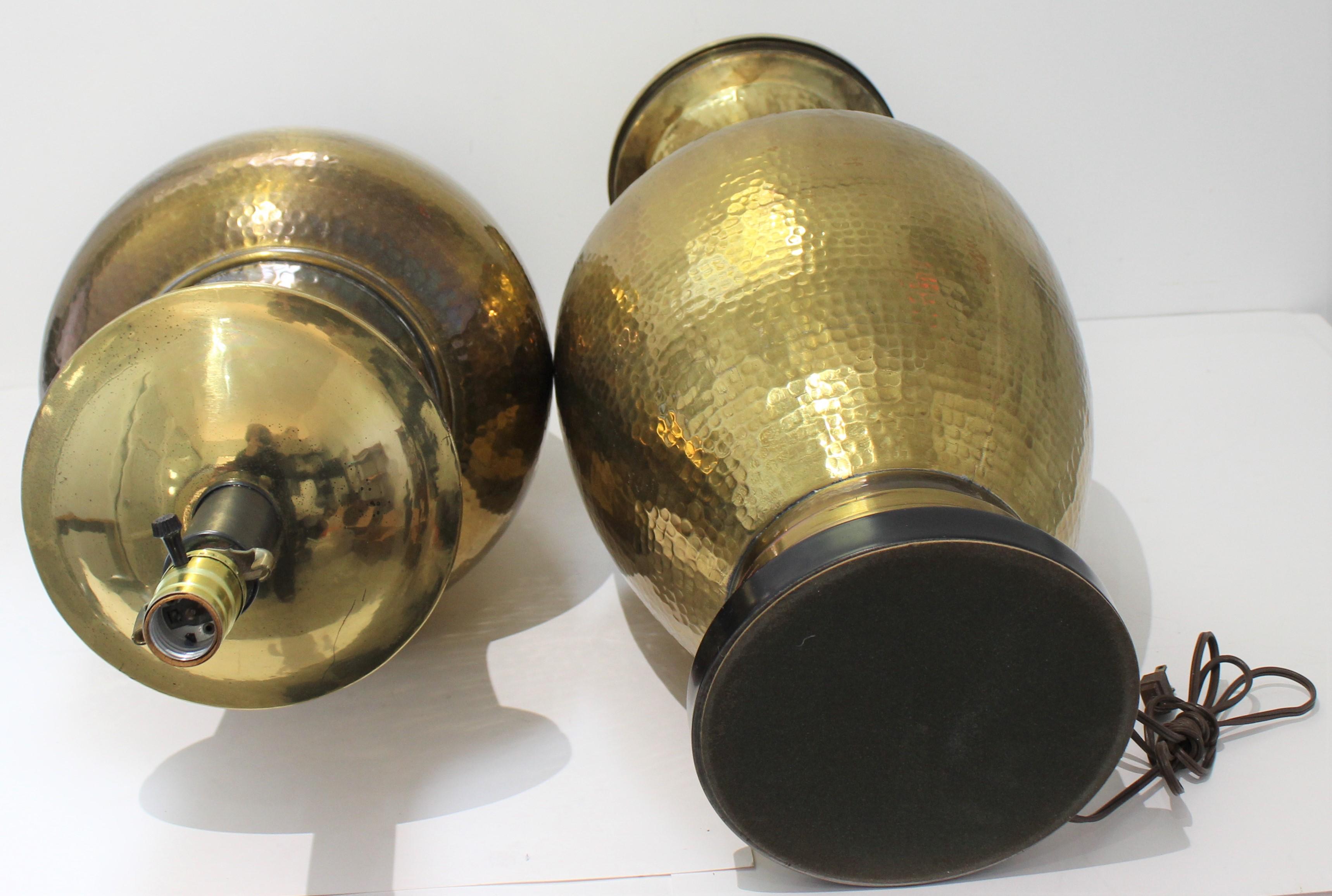 Pair of Table Lamps Made from Artisan Hammered Brass Vases For Sale 9