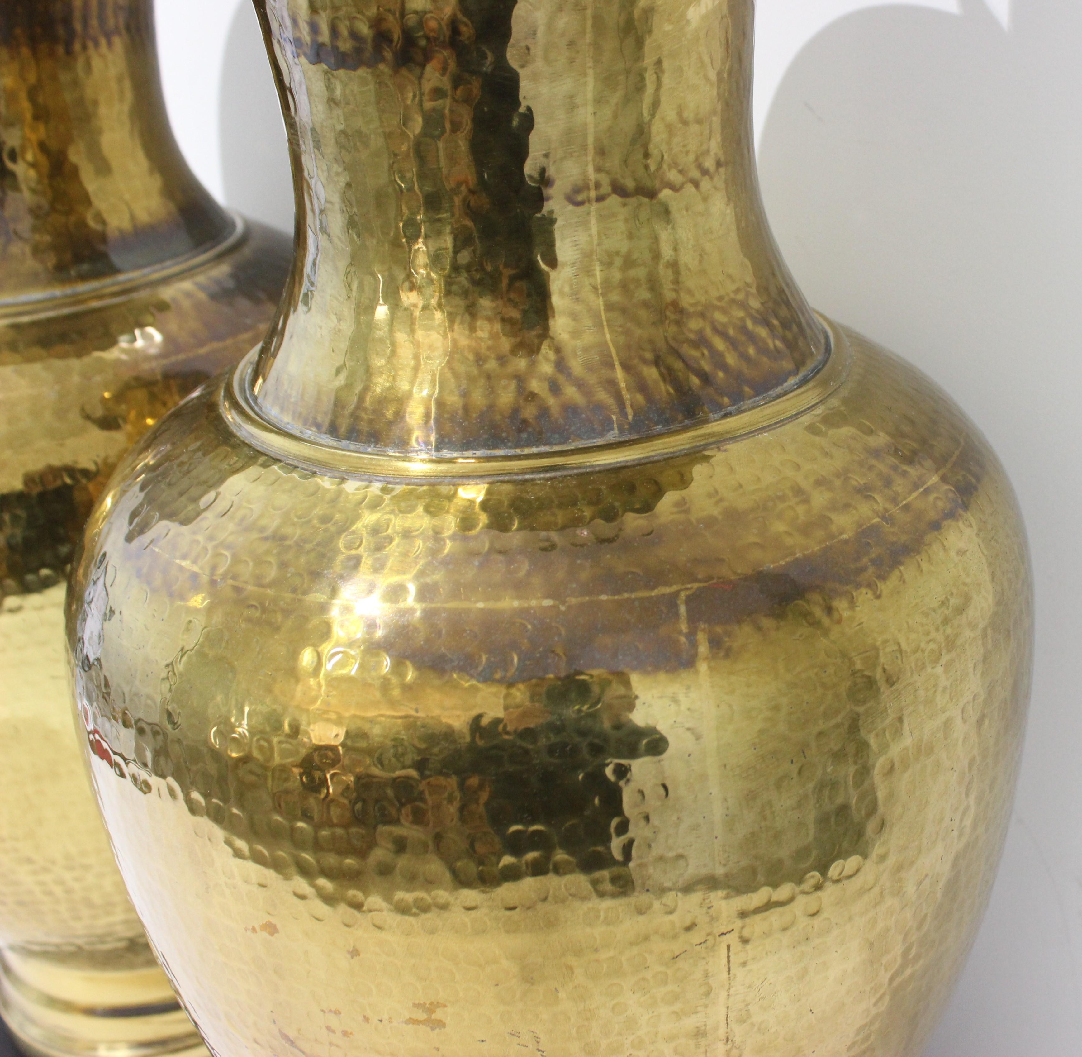 Pair of Table Lamps Made from Artisan Hammered Brass Vases For Sale 3