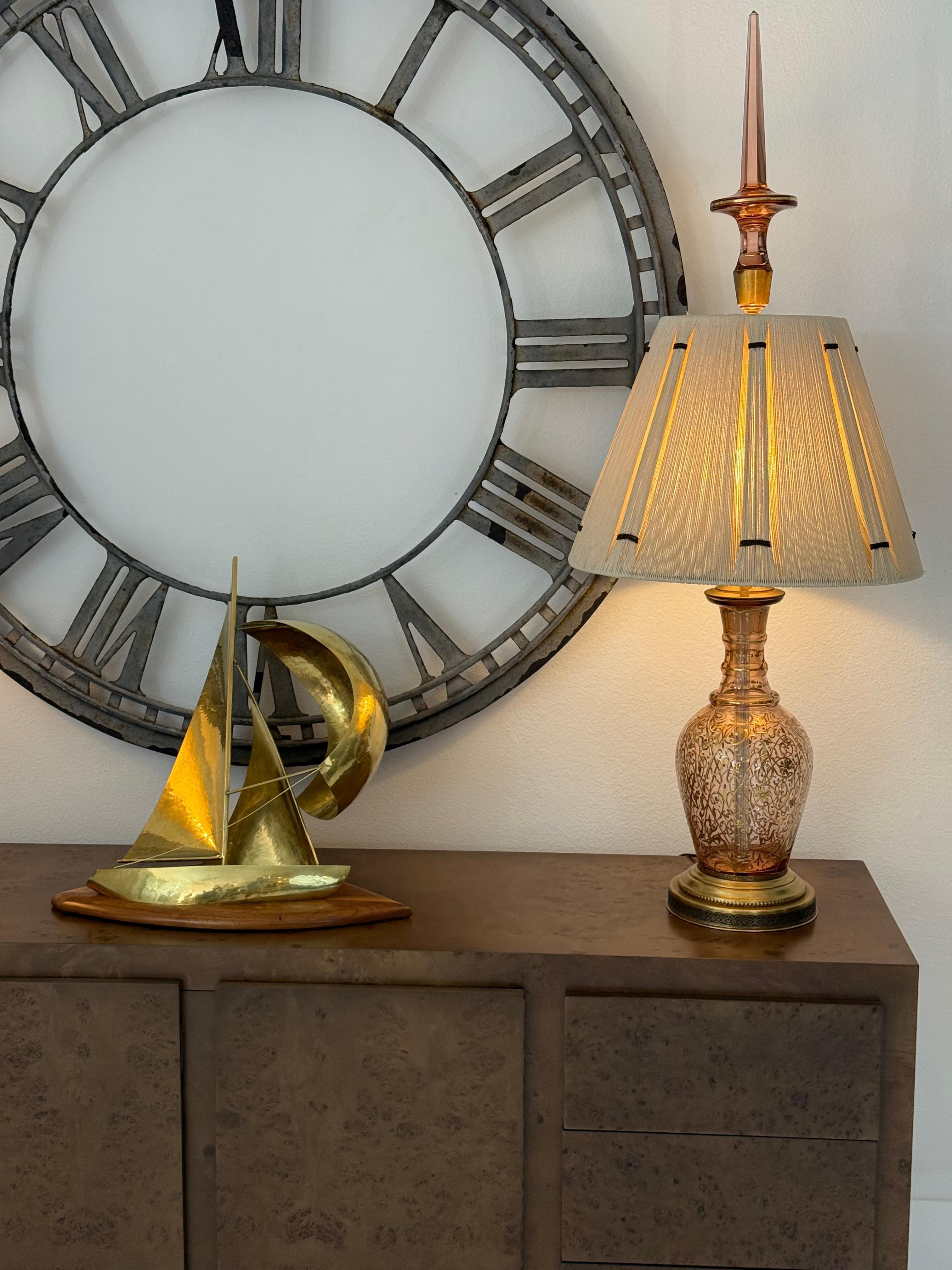 Pair of Table Lamps Made from Moser Glass Decanters with 1970s String Shades For Sale 3