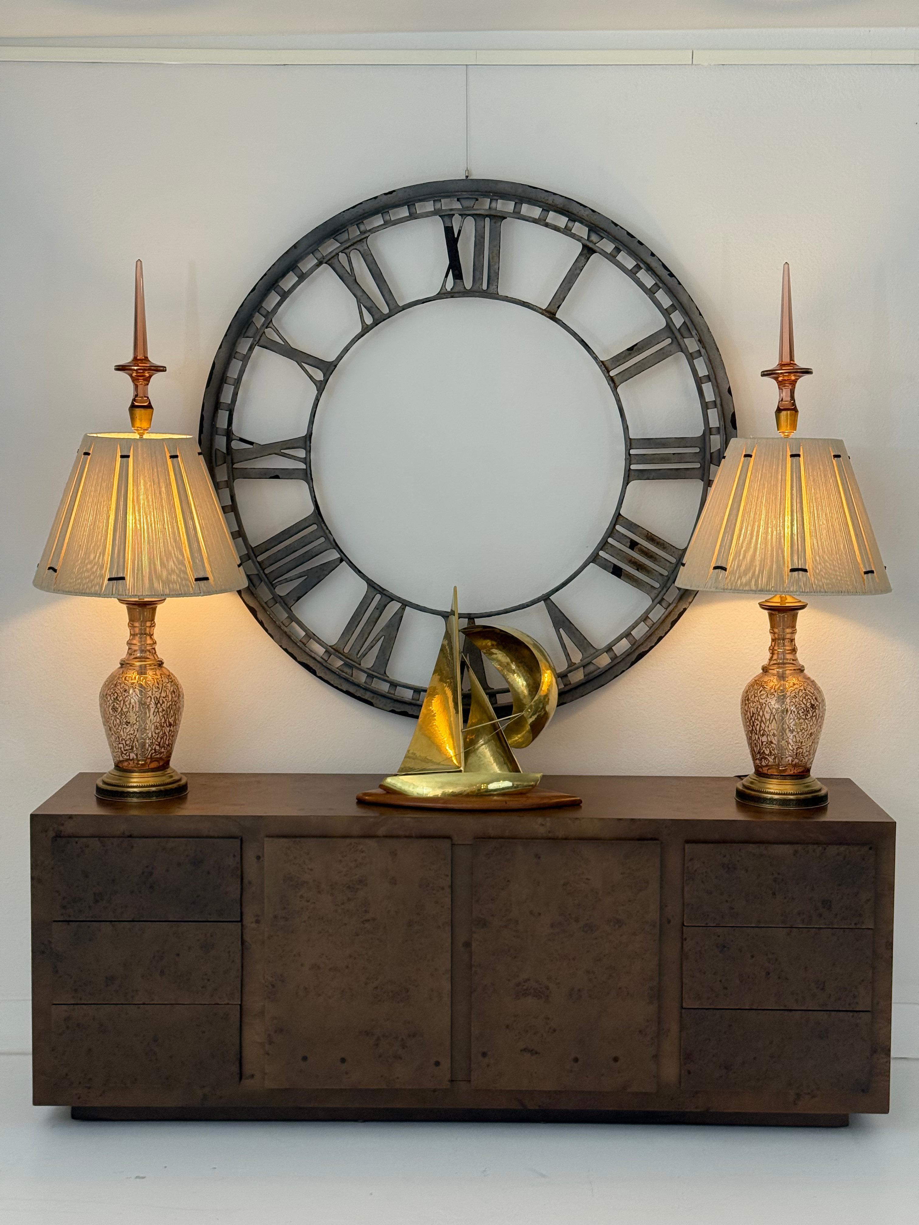 Pair of Table Lamps Made from Moser Glass Decanters with 1970s String Shades For Sale 4