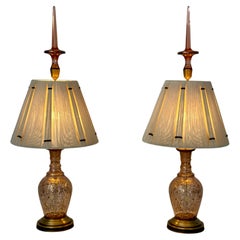 Pair of Table Lamps Made from Moser Glass Decanters with 1970s String Shades