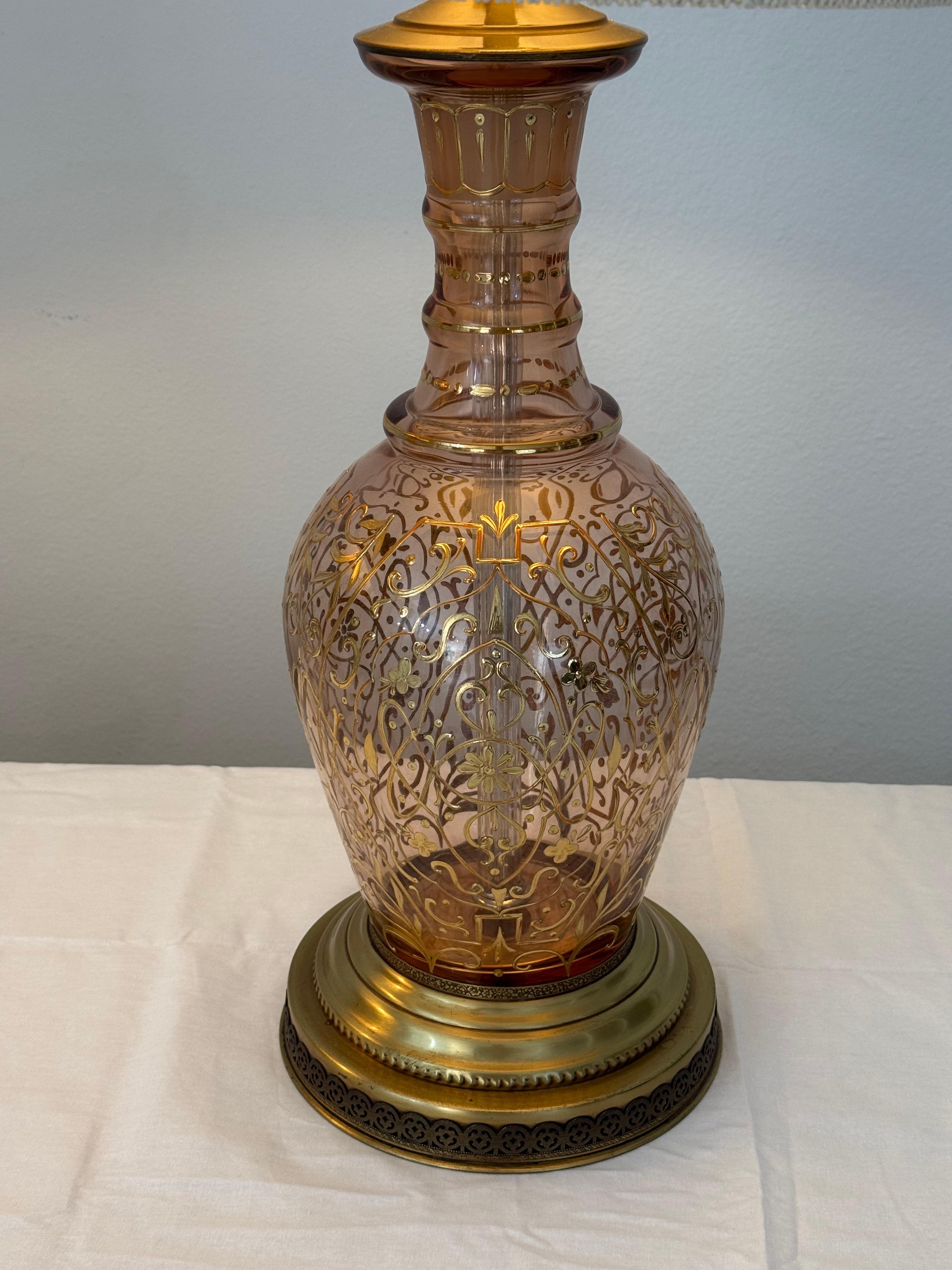 Bohemian Pair of Table Lamps Made from Moser Glass Decanters with 1970s String Shades For Sale