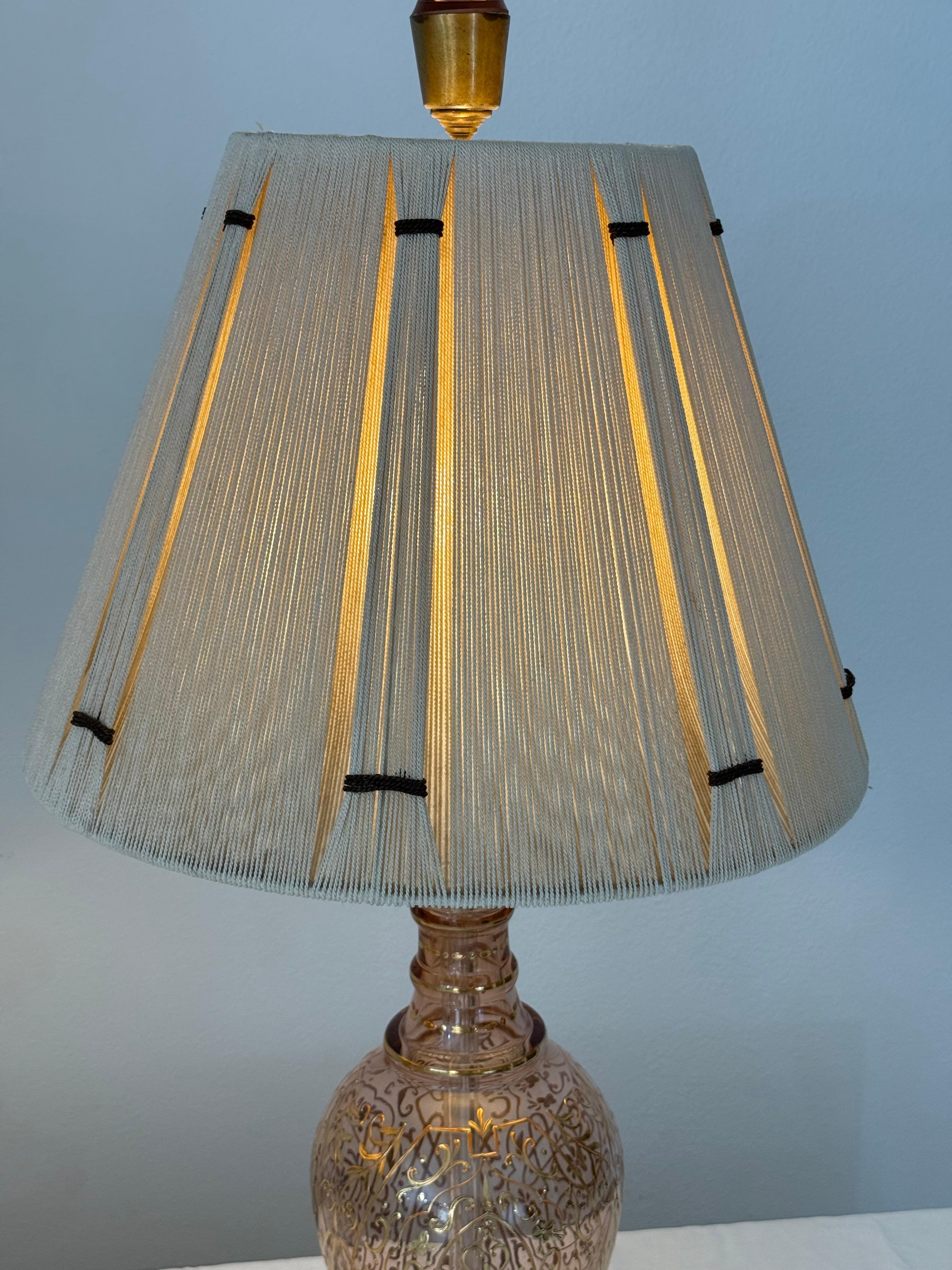 Pair of Table Lamps Made from Moser Glass Decanters with 1970s String Shades In Good Condition For Sale In Palm Desert, CA