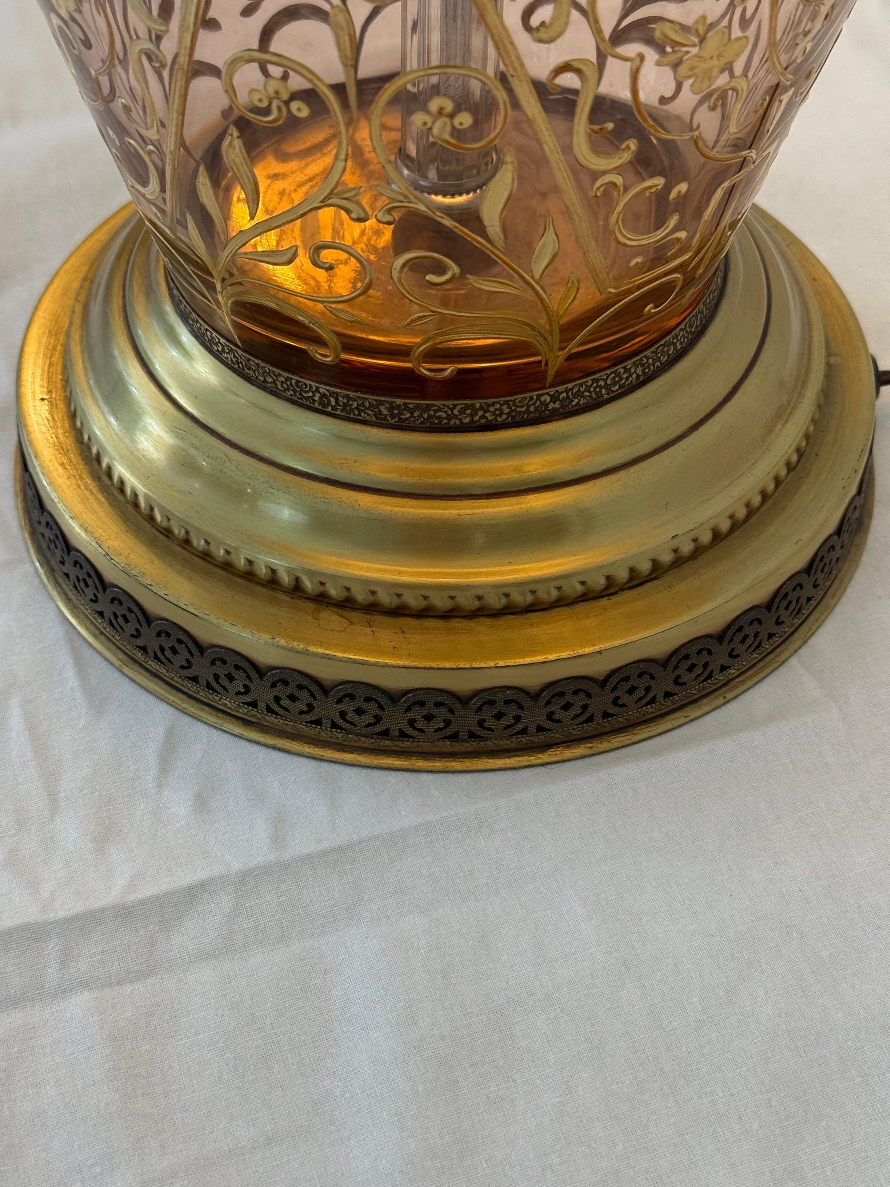 Late 20th Century Pair of Table Lamps Made from Moser Glass Decanters with 1970s String Shades For Sale